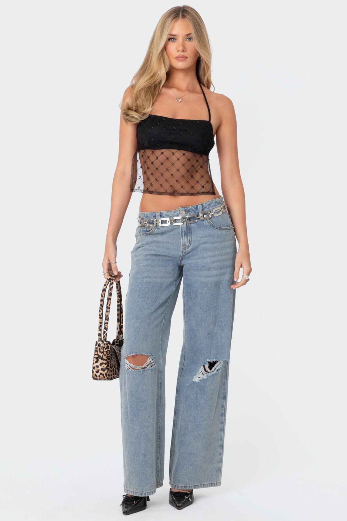 Sheer Sequin Backless Top-Milans Time