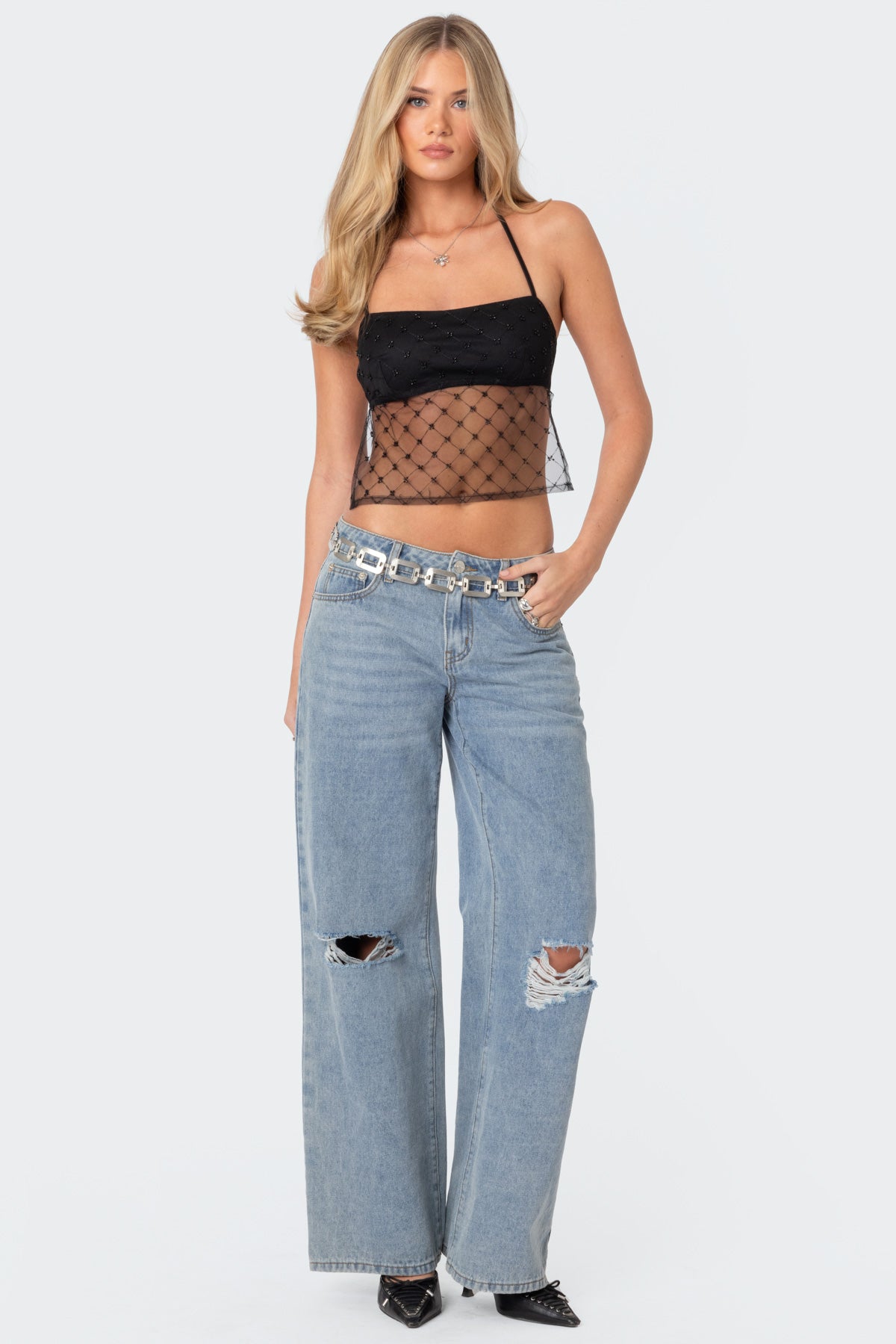 Sheer Sequin Backless Top-Milans Time