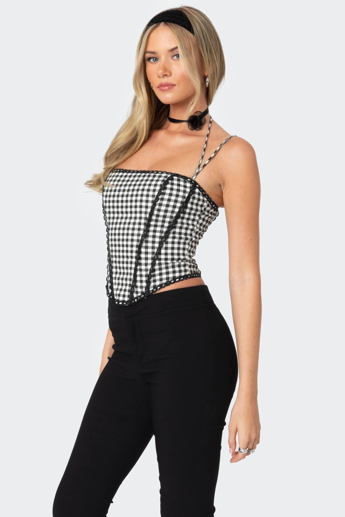 Gingham Lace Trim Corset-Milans Time