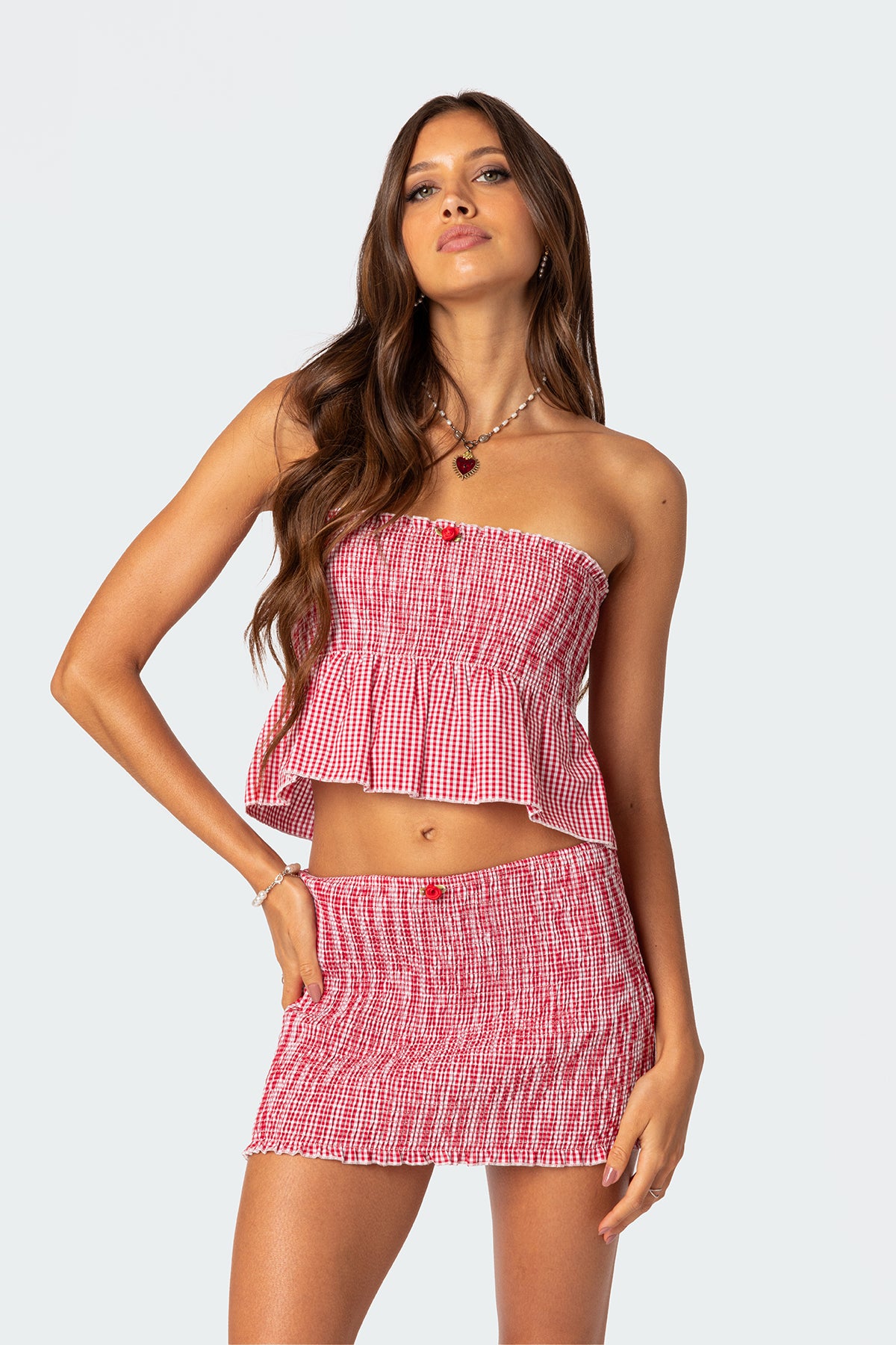 Gingham Scrunch Tube Top-Milans Time