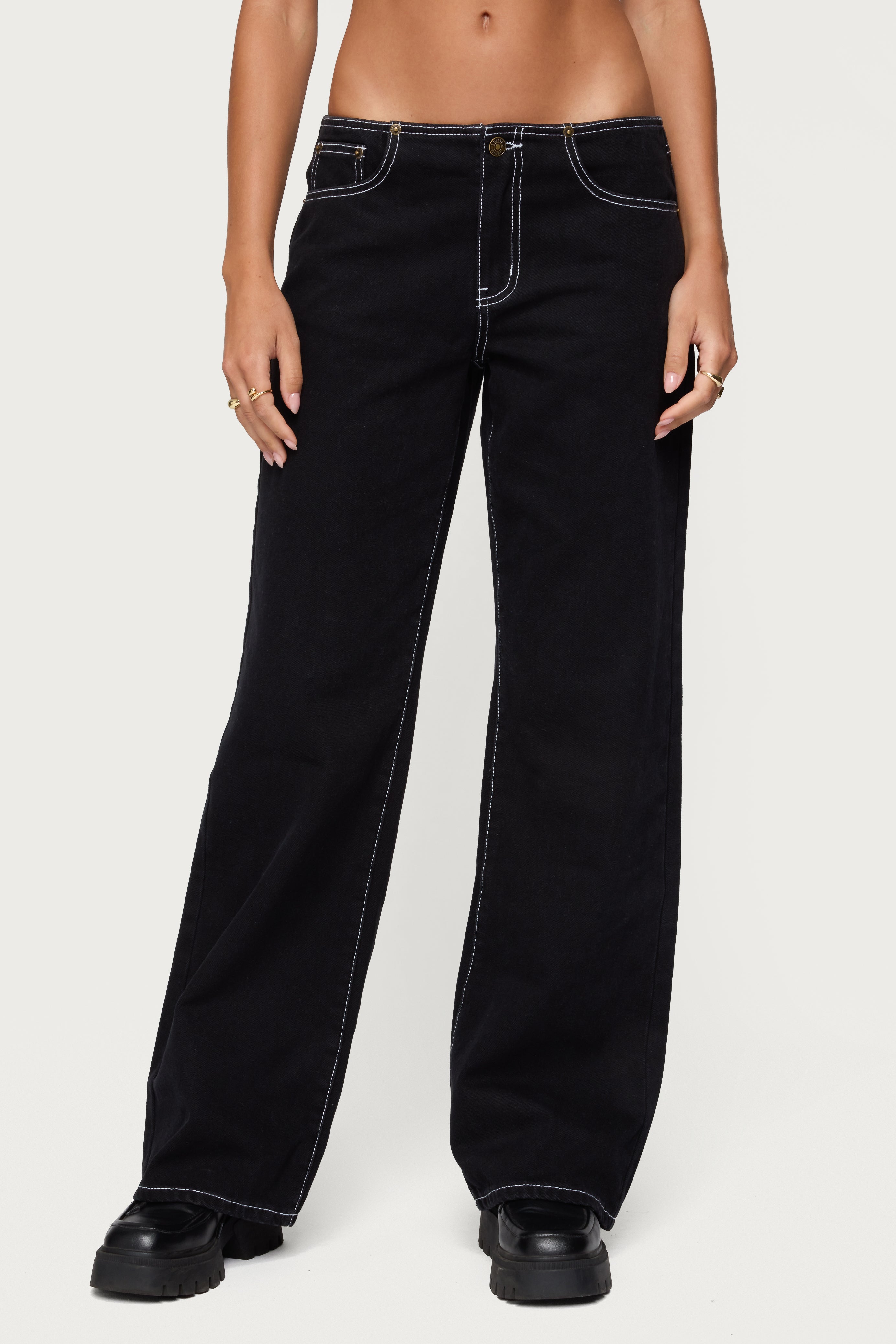 Contrast Stitch Low Rise Wide Leg Jeans-Milans Time