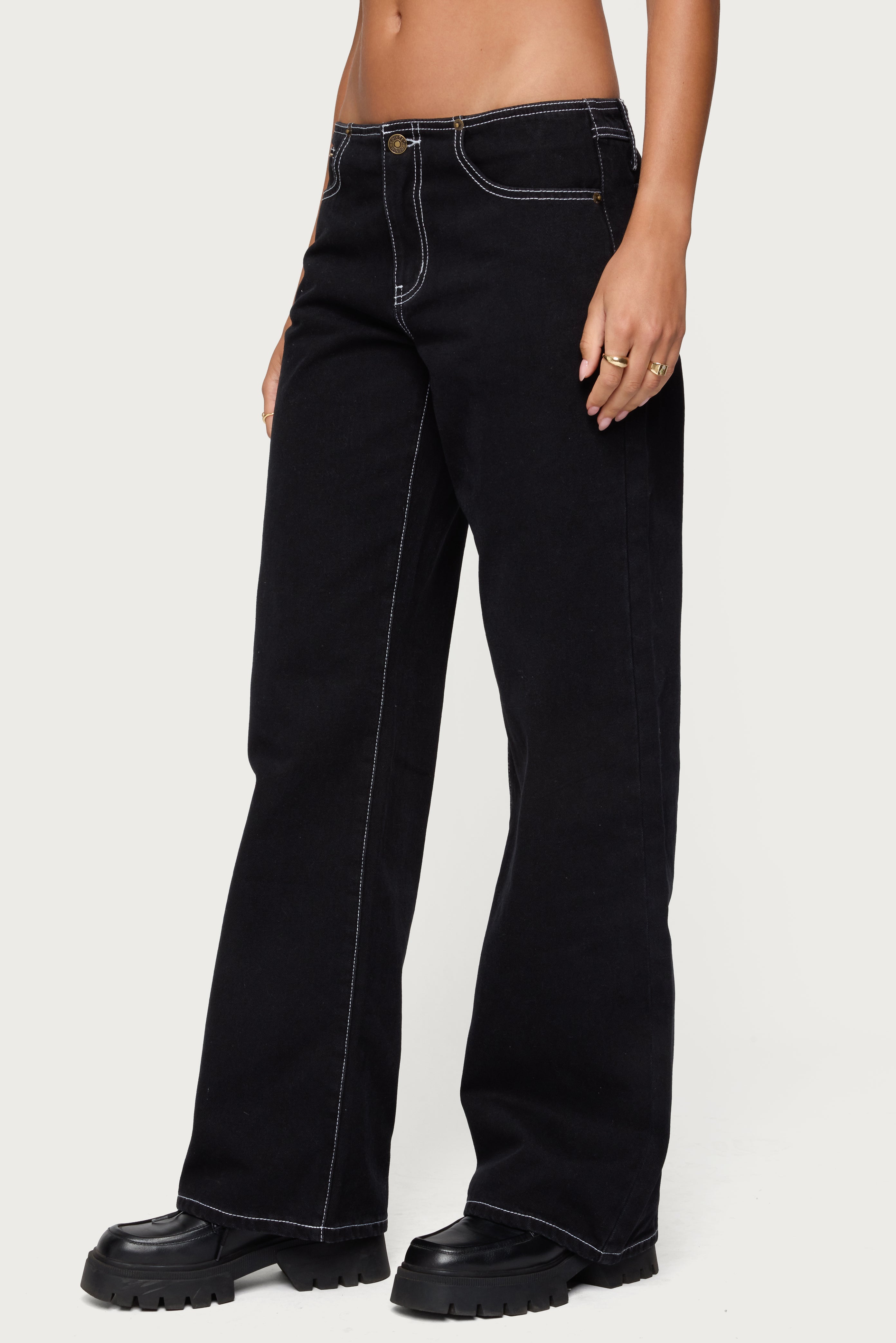 Contrast Stitch Low Rise Wide Leg Jeans-Milans Time