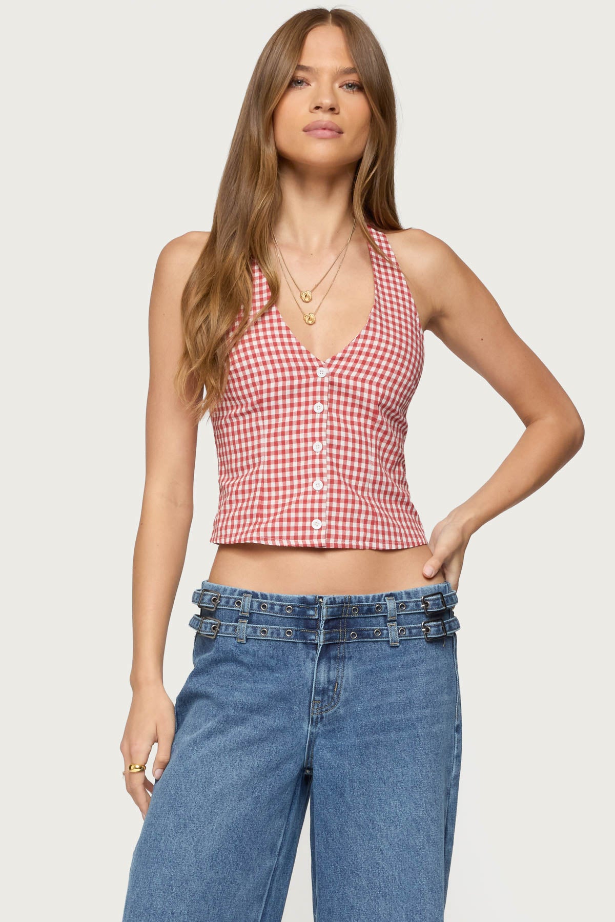 Evan Gingham Button Up Halter Top-Milans Time