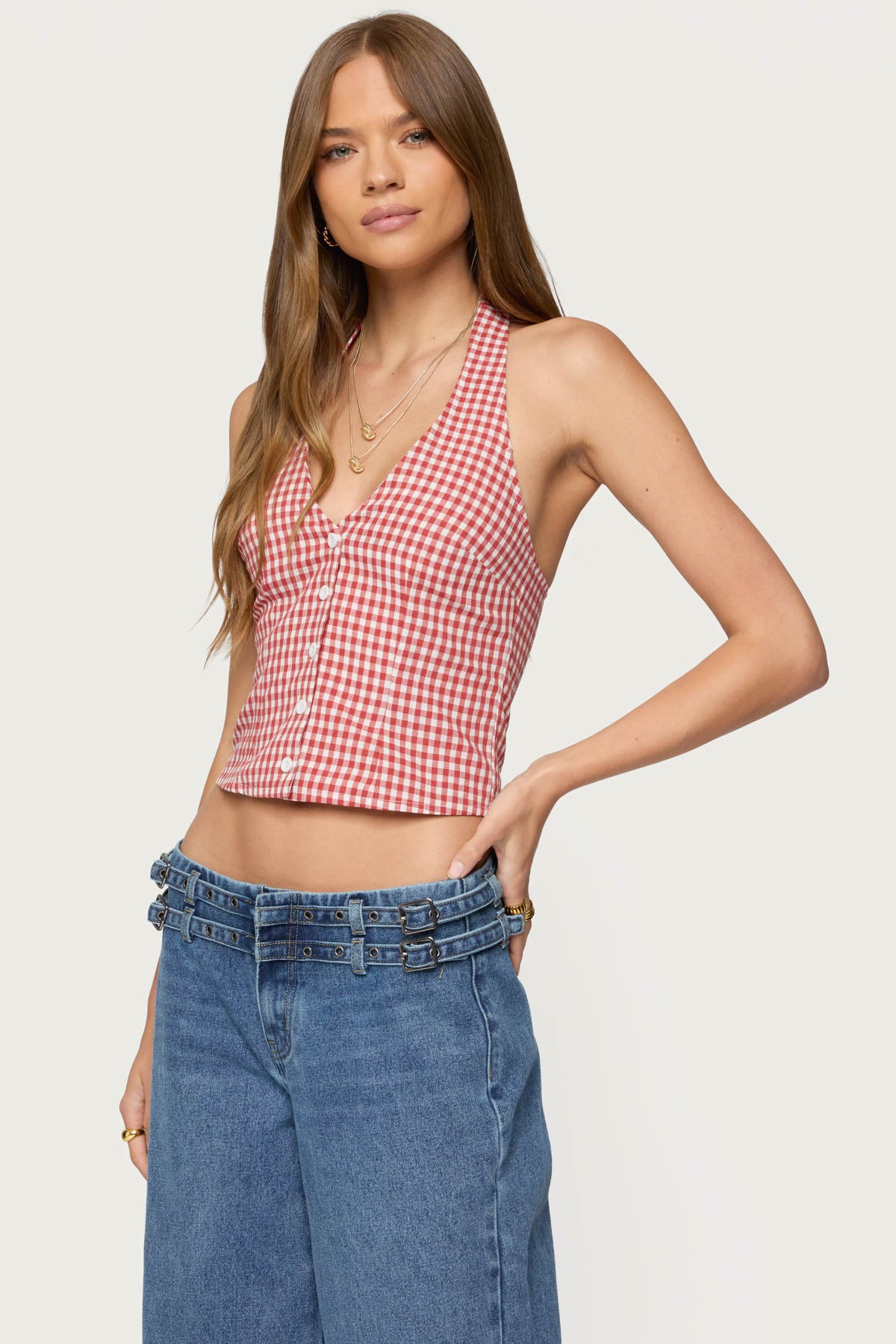 Evan Gingham Button Up Halter Top-Milans Time