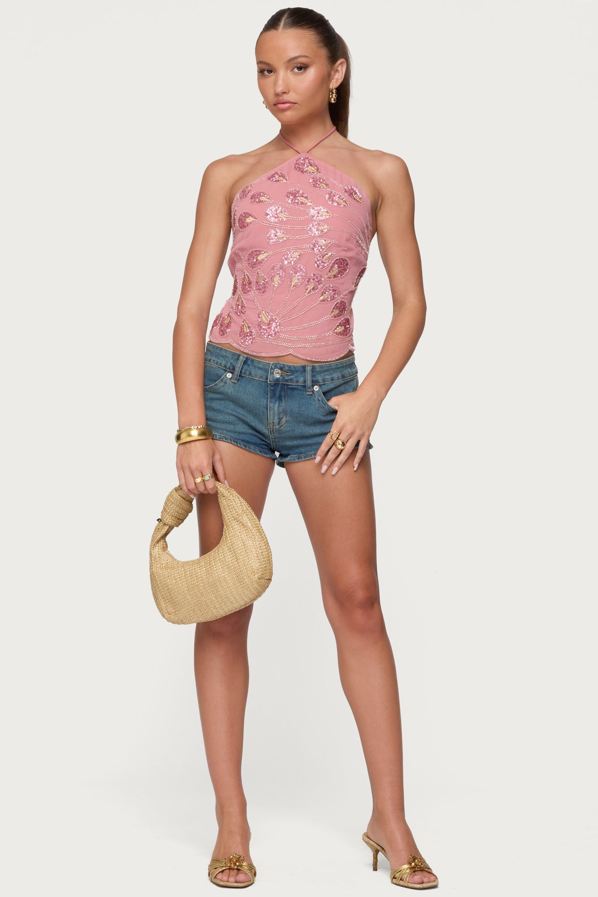 Embroidered Bead & Sequin Halter Top-Milans Time
