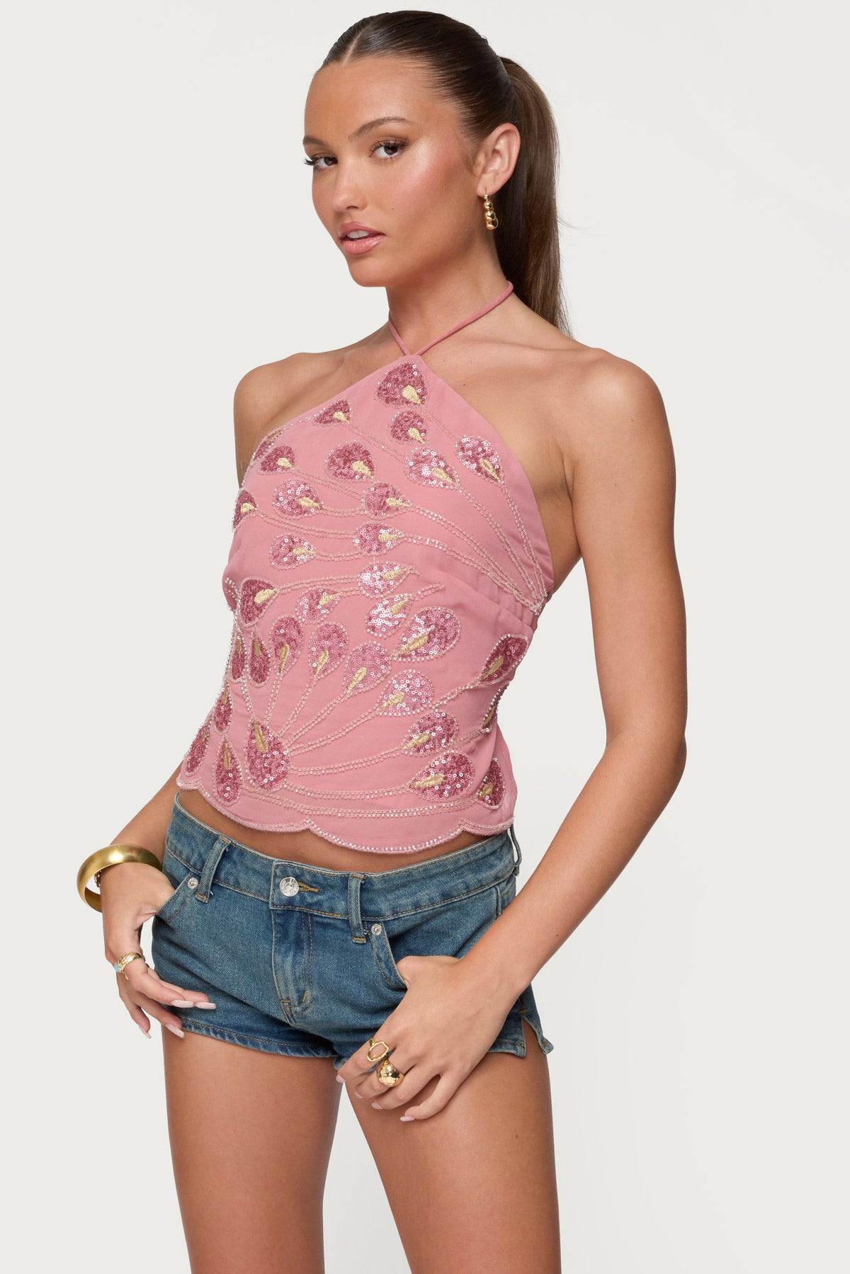 Embroidered Bead & Sequin Halter Top-Milans Time