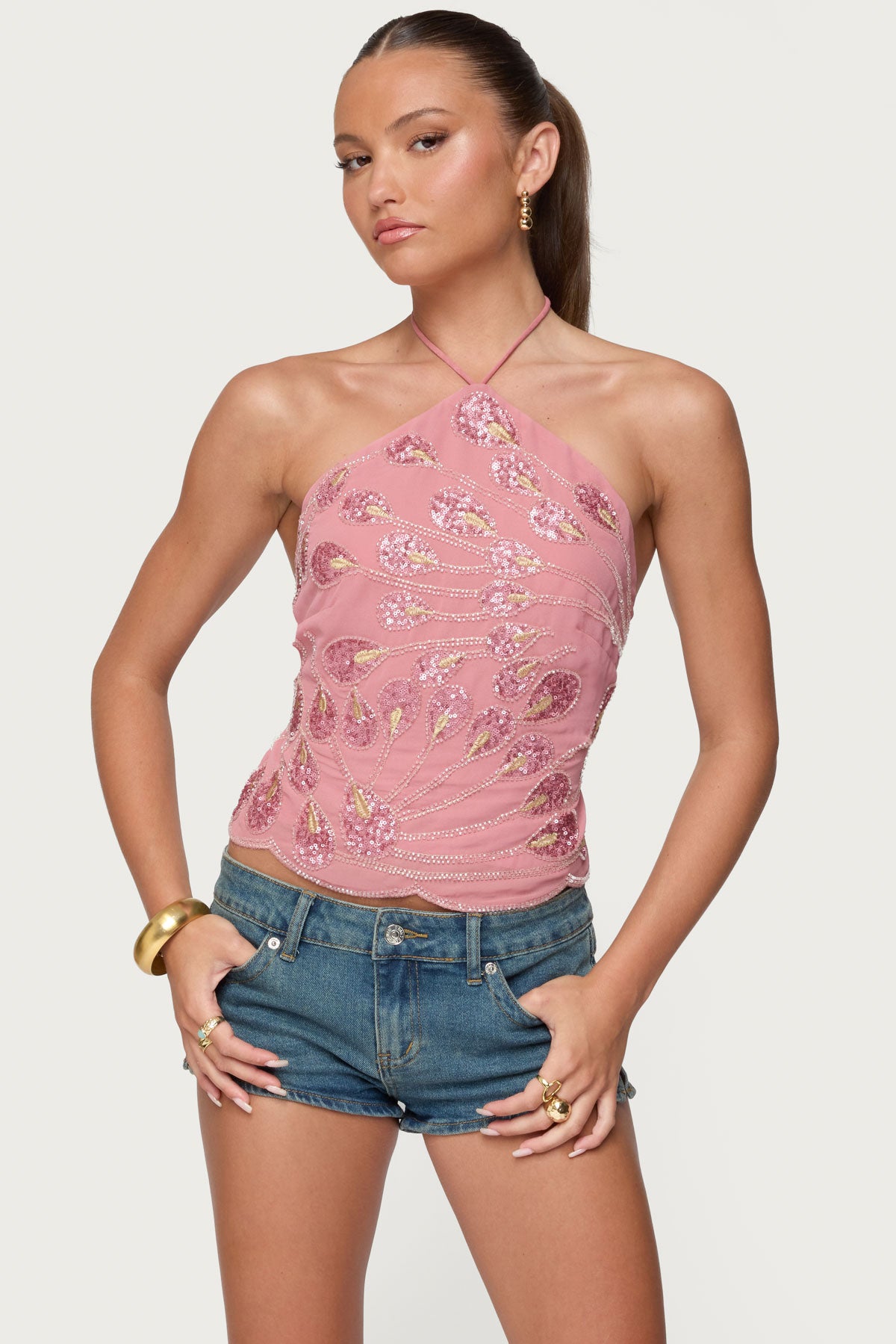 Embroidered Bead & Sequin Halter Top-Milans Time