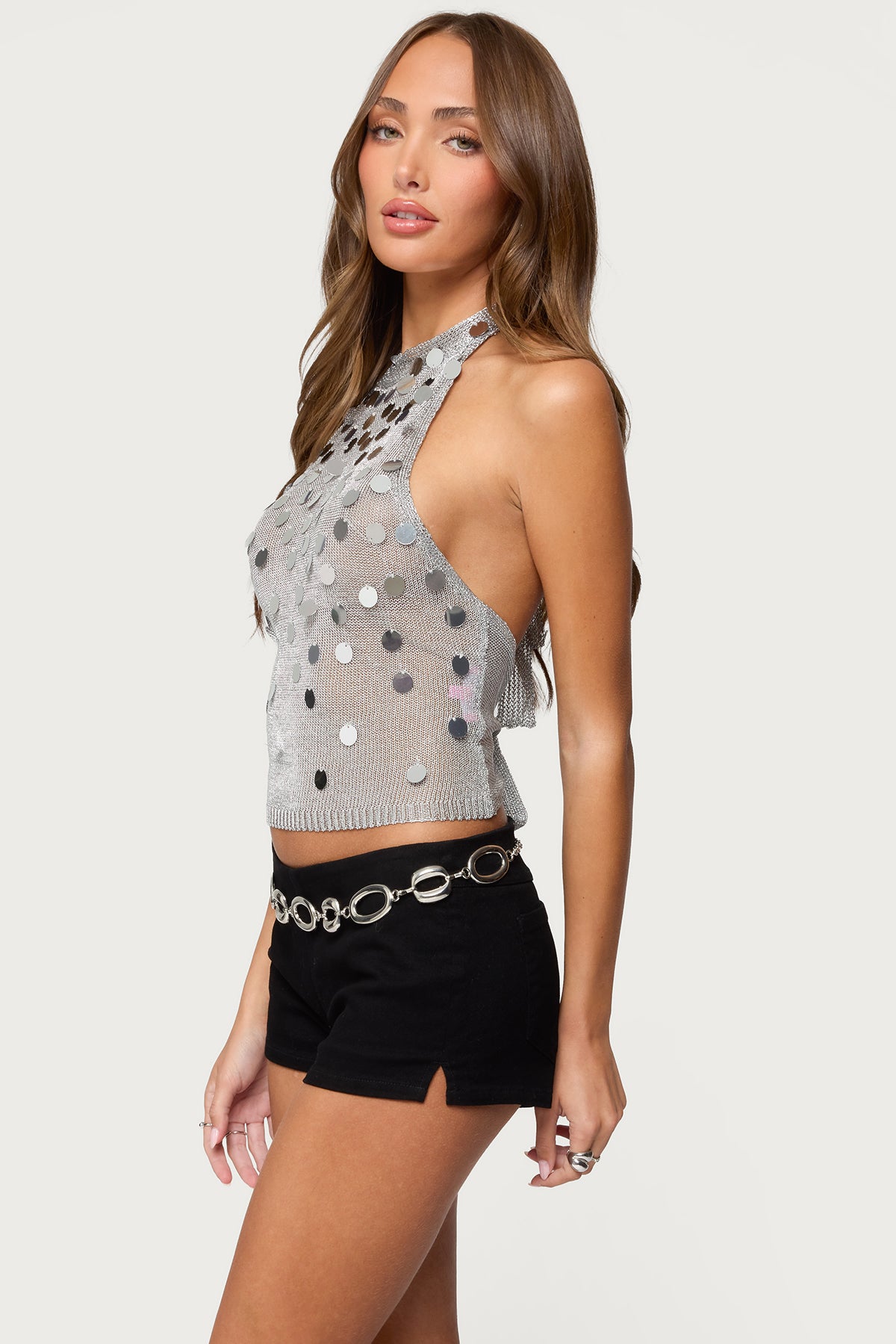 Shiny Sequin Backless Halter Top-Milans Time