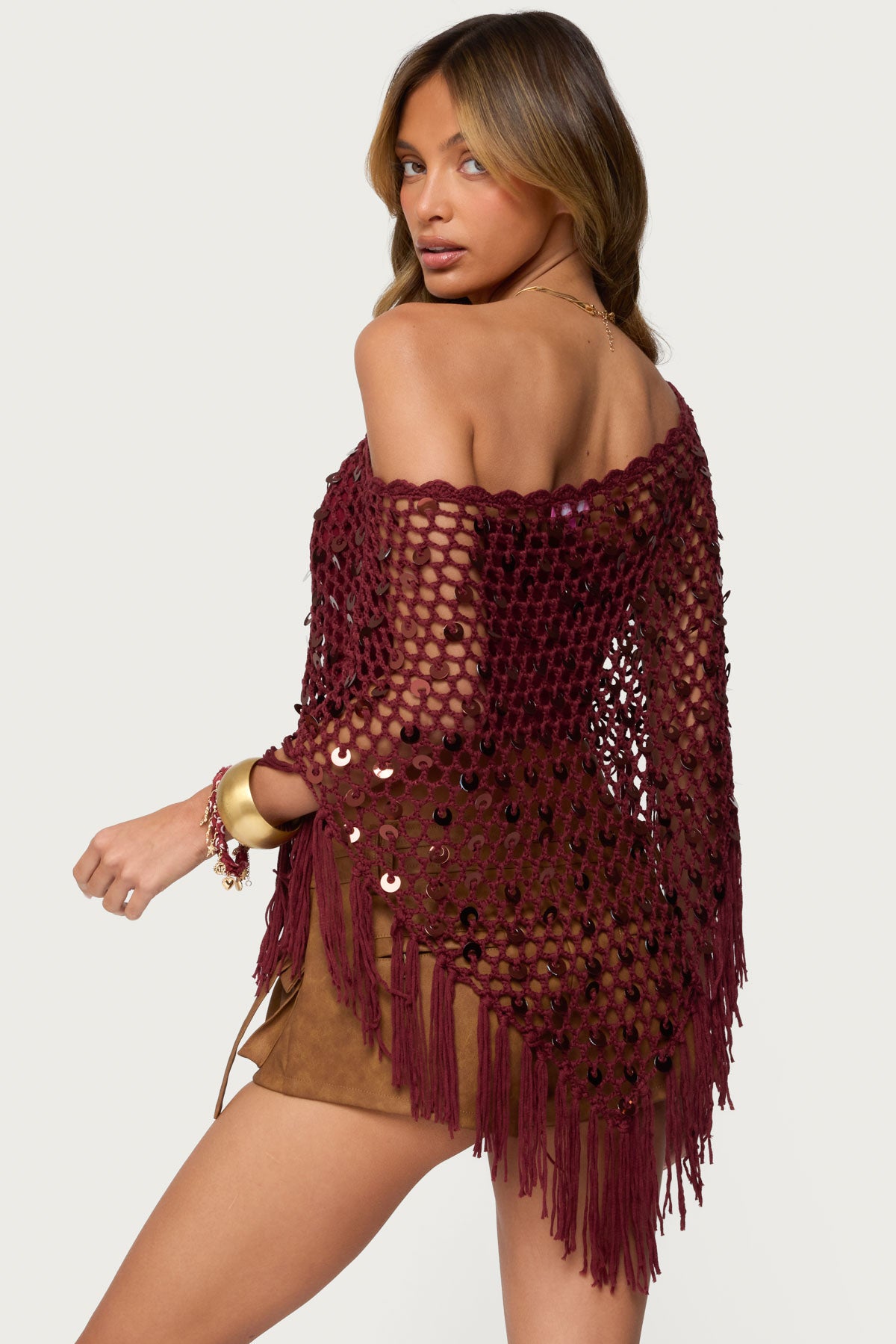 Fringe Sequin Crochet Poncho-Milans Time