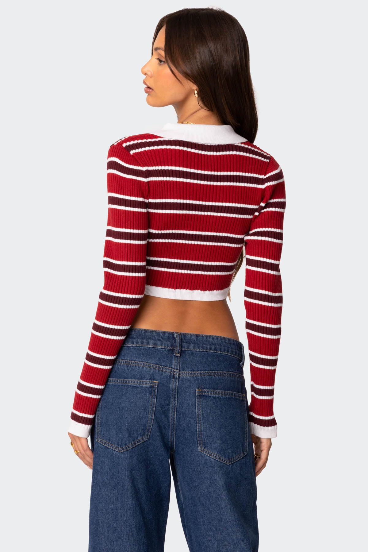 Collared Stripey Ribbed Crop Top-Milans Time