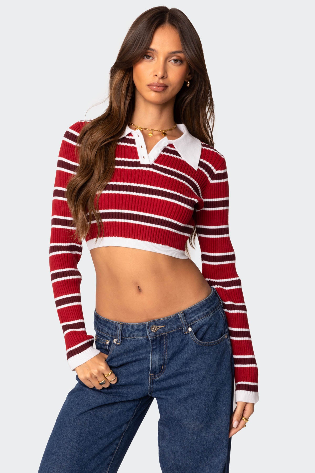 Collared Stripey Ribbed Crop Top-Milans Time