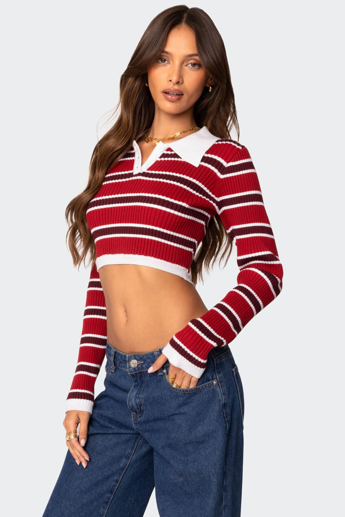 Collared Stripey Ribbed Crop Top-Milans Time