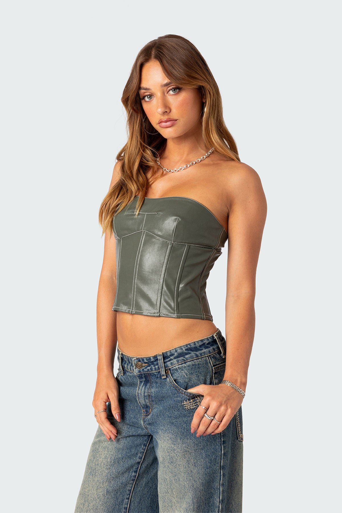 Moss Faux Leather Lace Up Corset-Milans Time