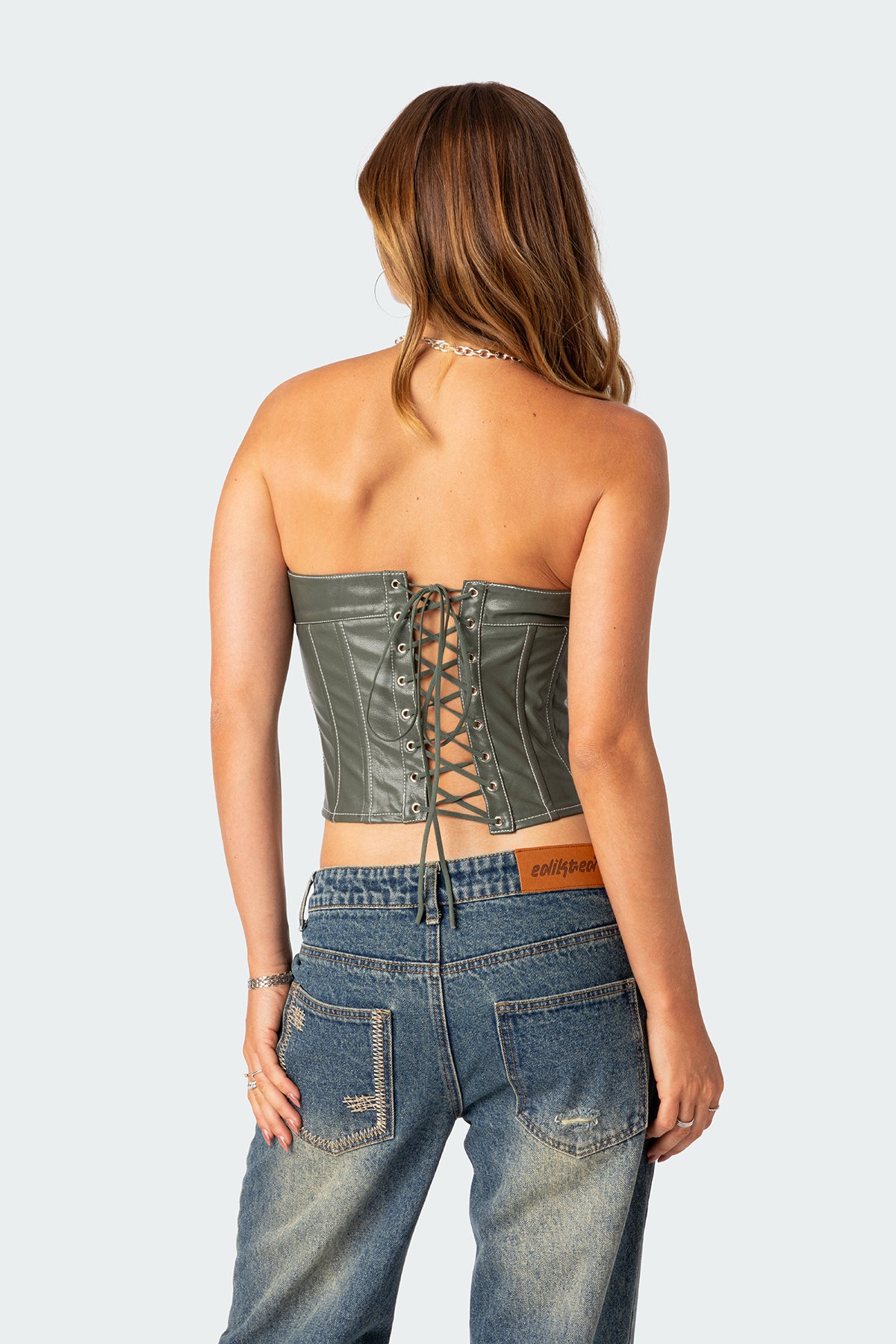 Moss Faux Leather Lace Up Corset-Milans Time
