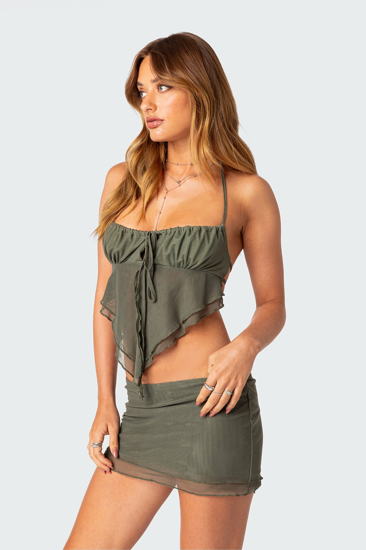 Ariyah Open Tie Back Ruffle Mesh Top-Milans Time