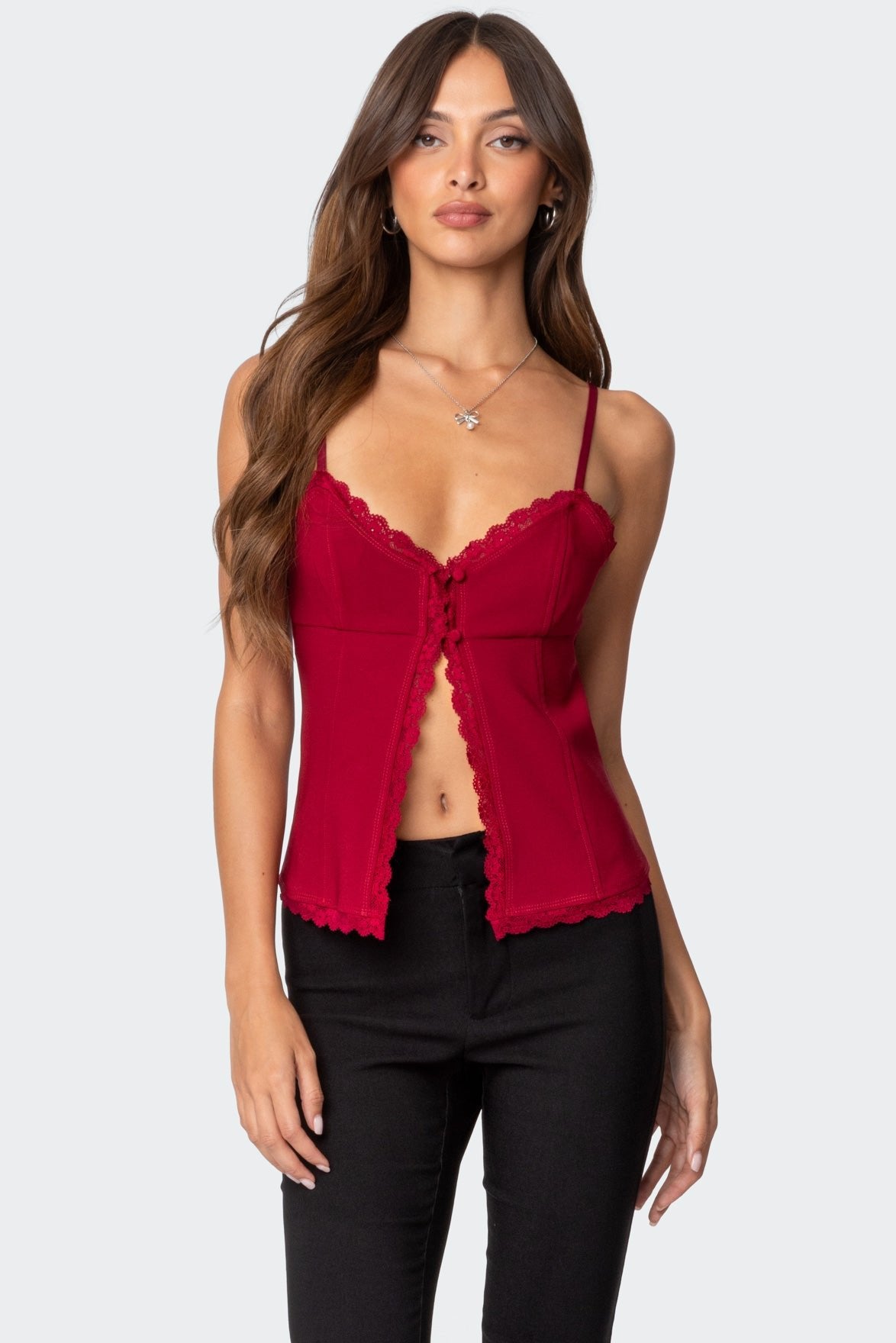 Crimson Lacey Split Front Top-Milans Time