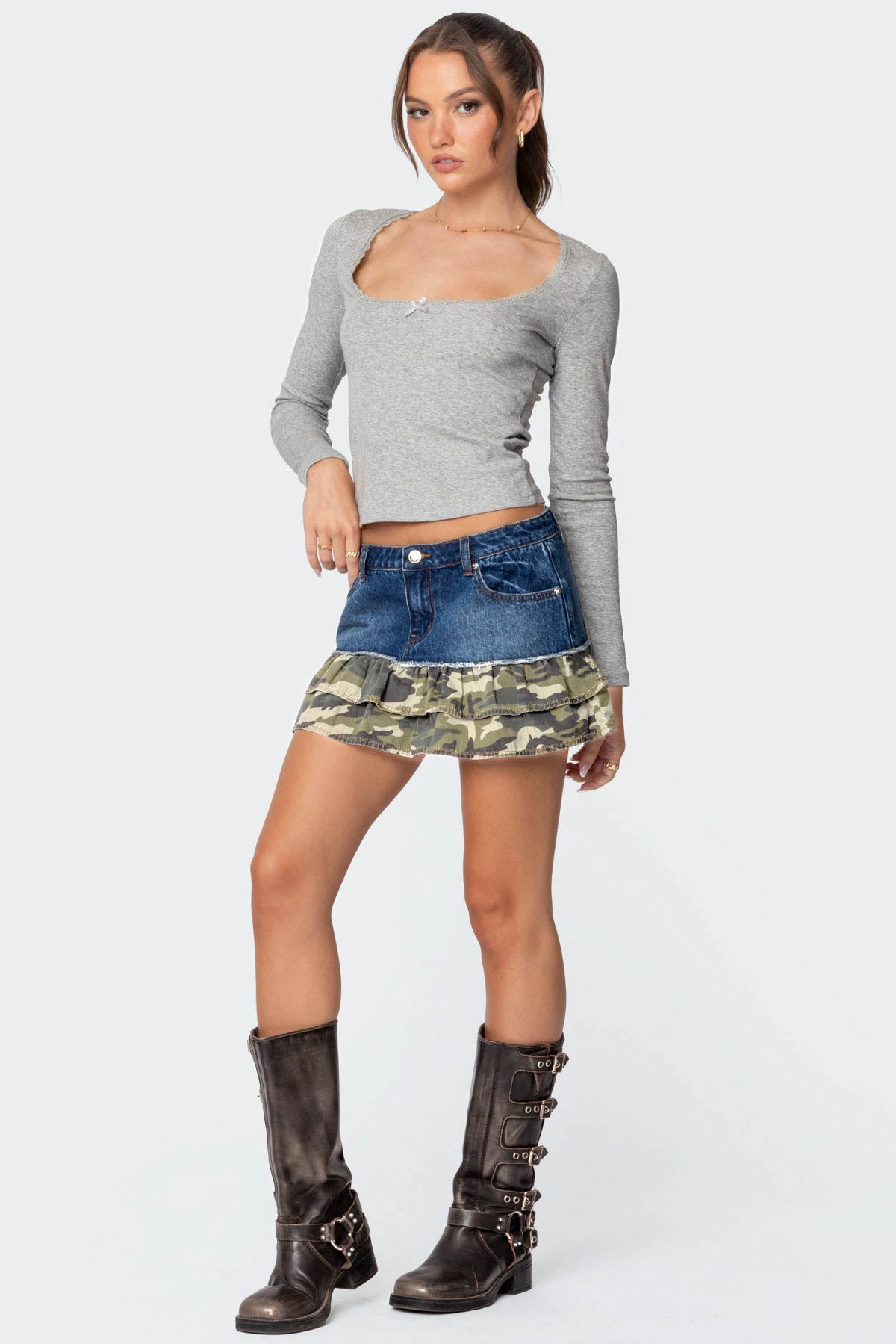Camo Ruffle Denim Mini Skirt-Milans Time