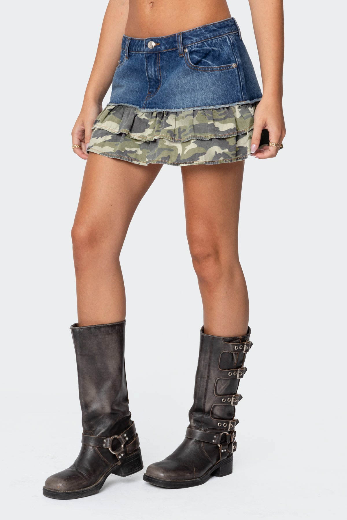 Camo Ruffle Denim Mini Skirt-Milans Time