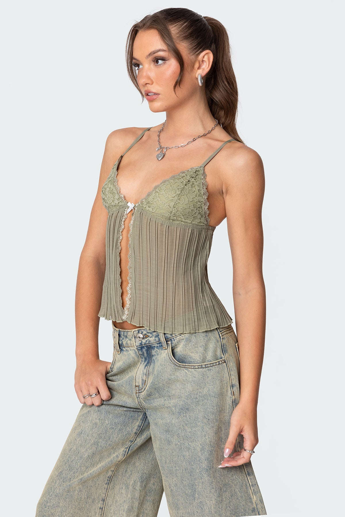 Pleated Lacey Split Front Tank Top-Milans Time