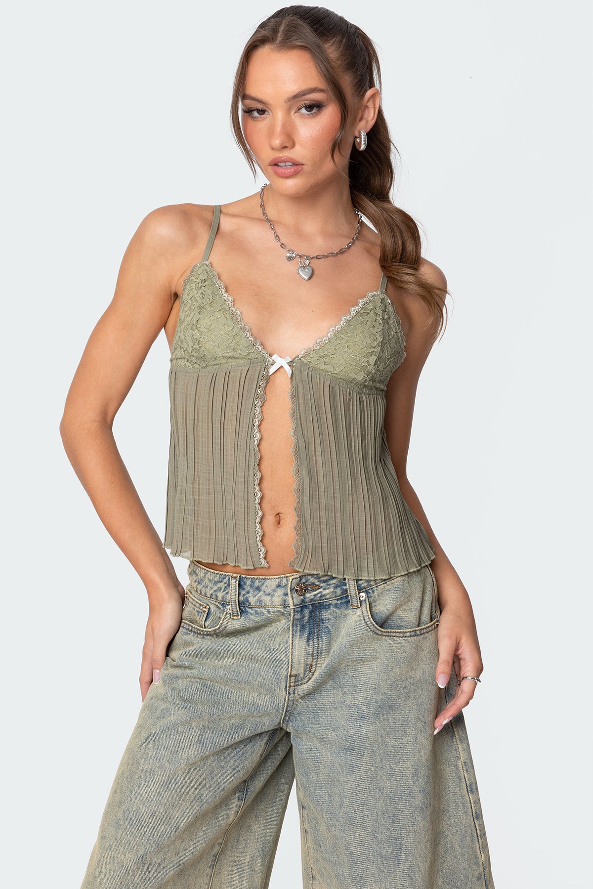 Pleated Lacey Split Front Tank Top-Milans Time