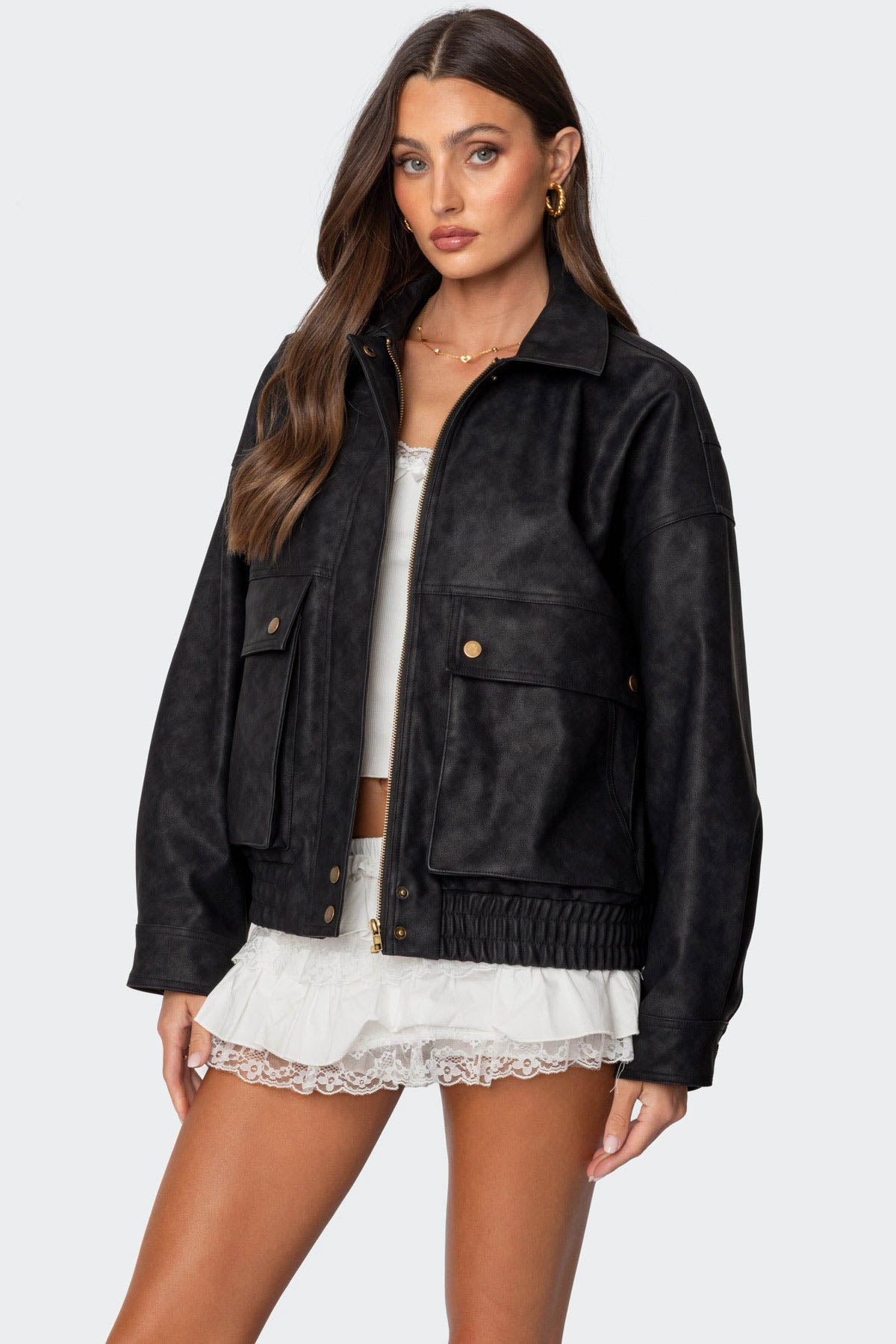 Cargo Faux Leather Bomber Jacket-Milans Time