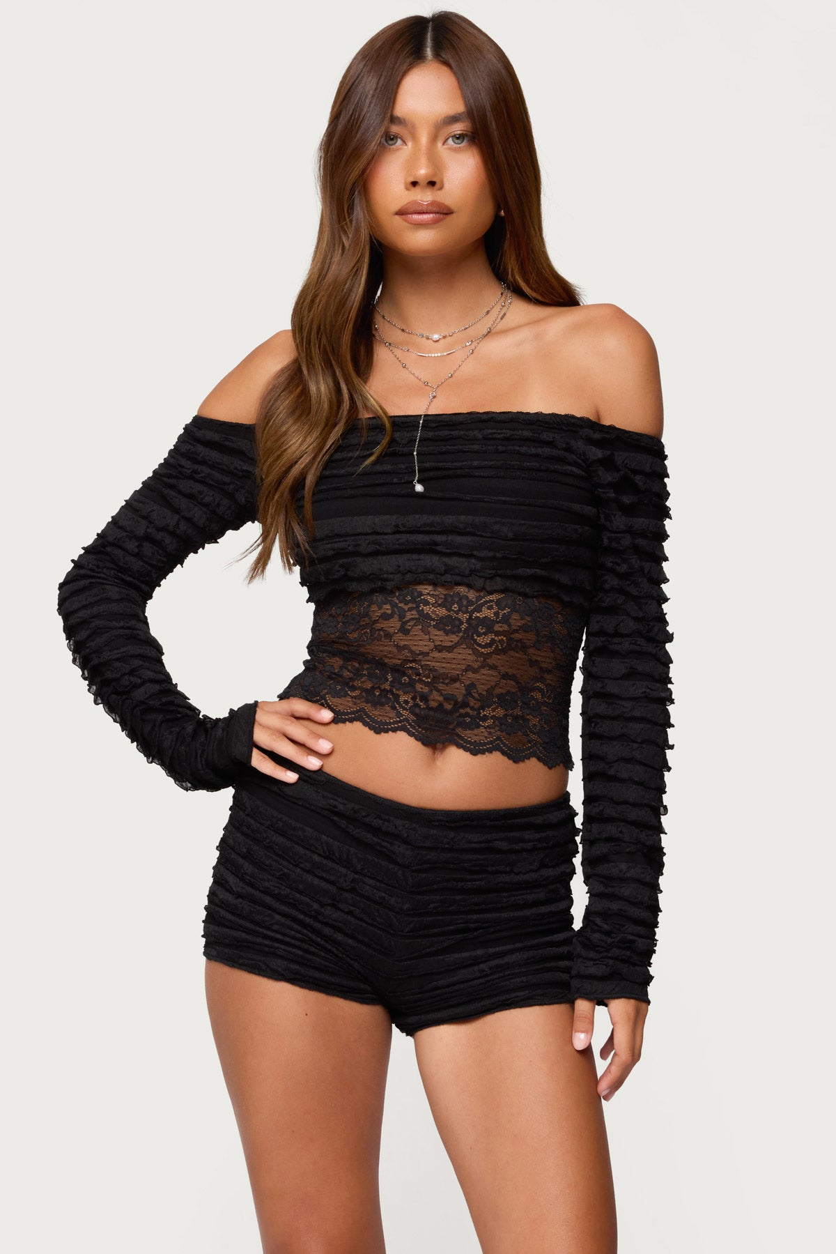Tauri Lacey Ruffled Off Shoulder Top-Milans Time