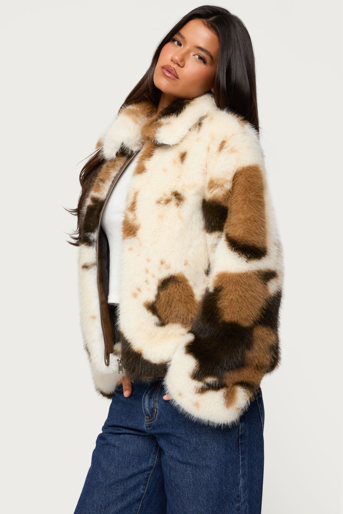 Rayan Cow Print Faux Fur Jacket-Milans Time