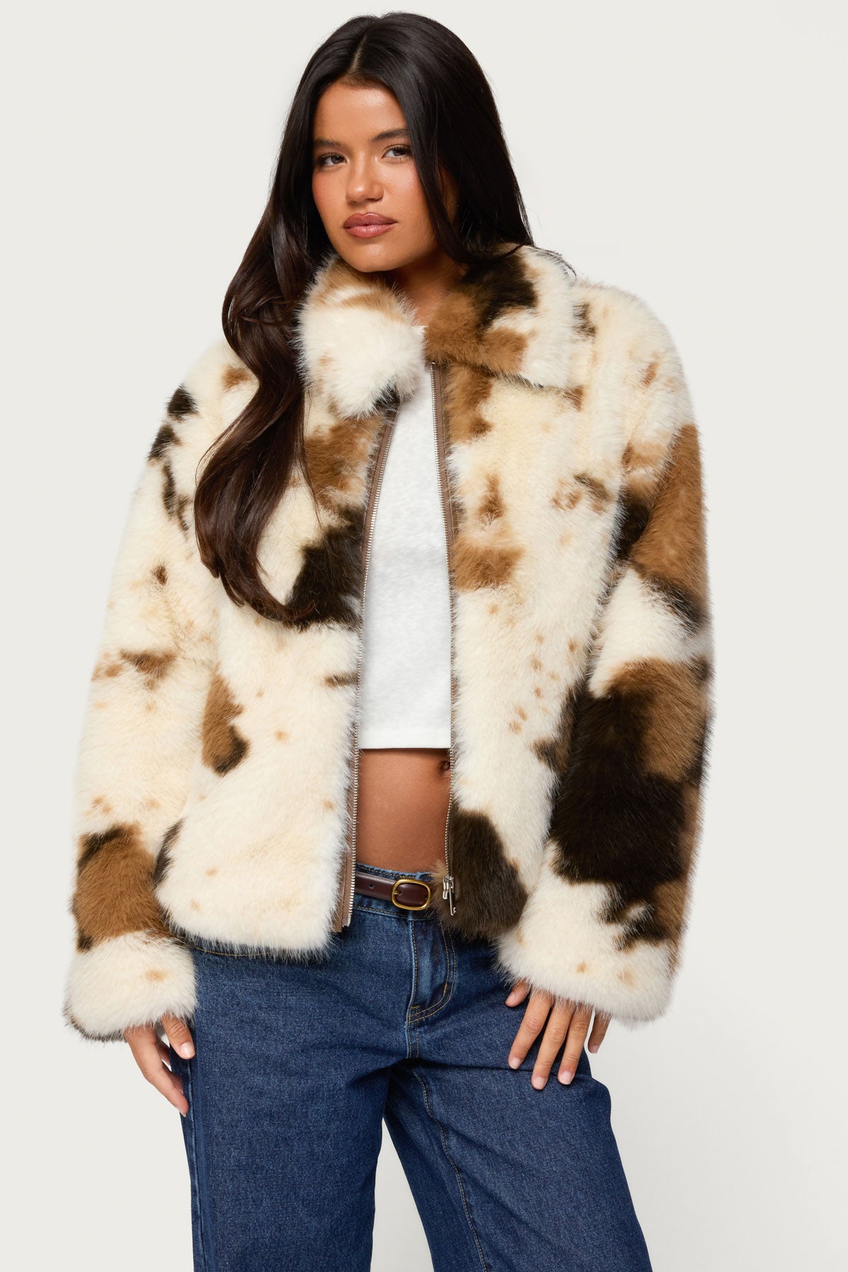 Rayan Cow Print Faux Fur Jacket-Milans Time