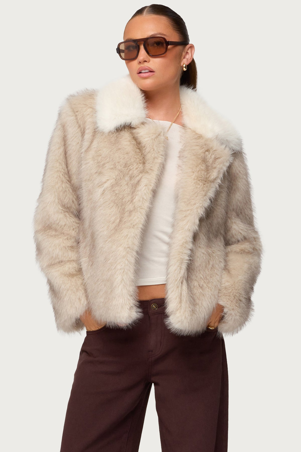 Contrast Collar Faux Fur Jacket-Milans Time