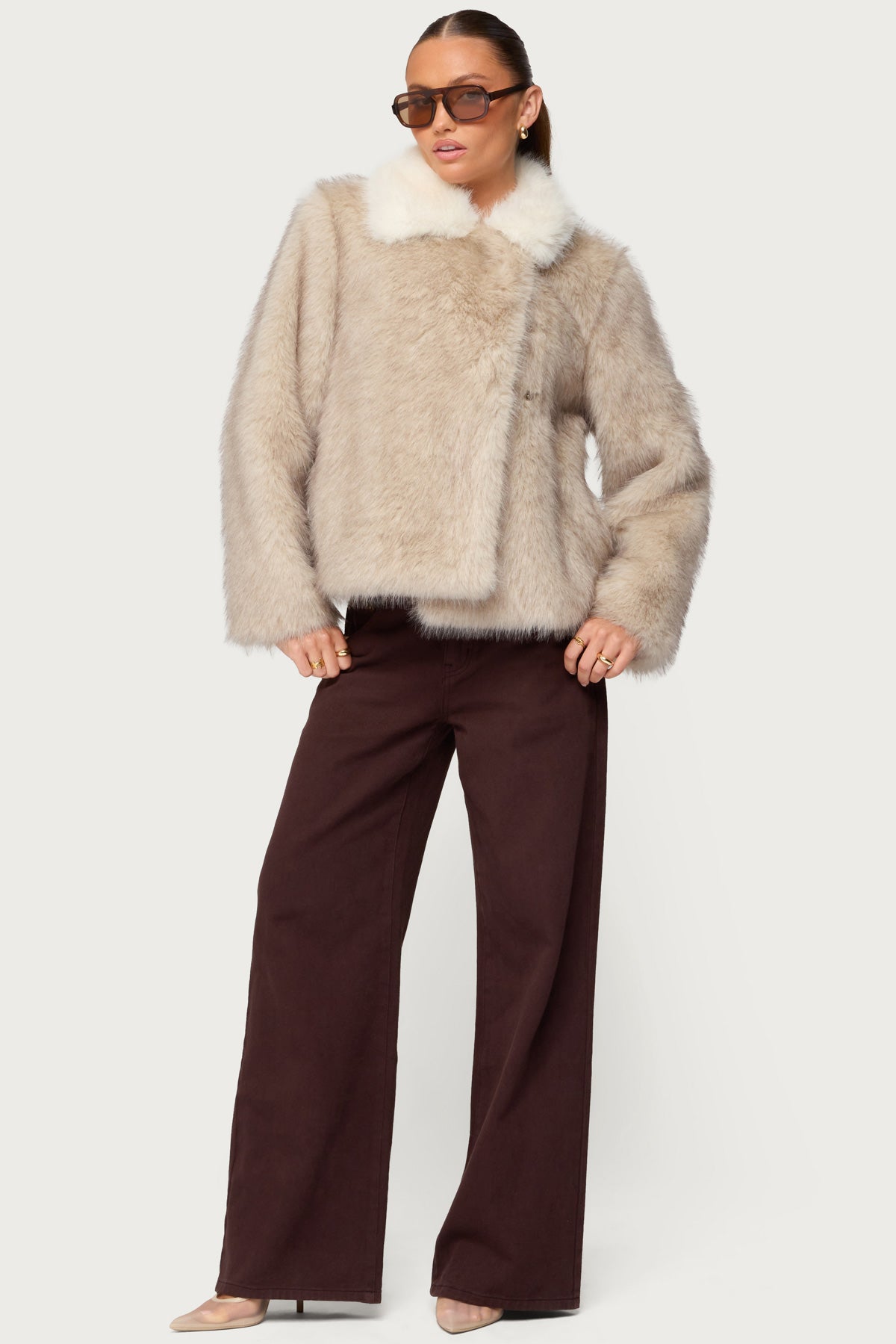 Contrast Collar Faux Fur Jacket-Milans Time