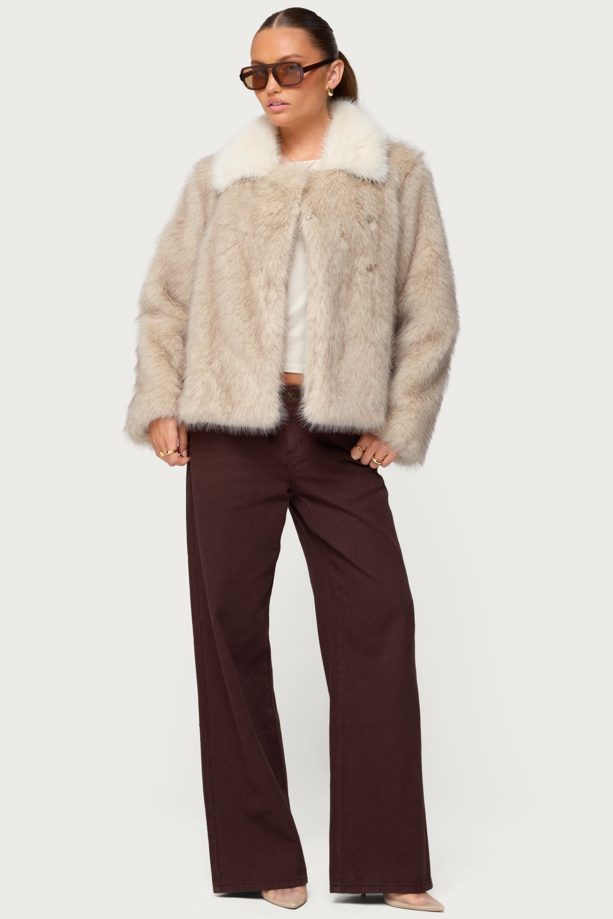Contrast Collar Faux Fur Jacket-Milans Time