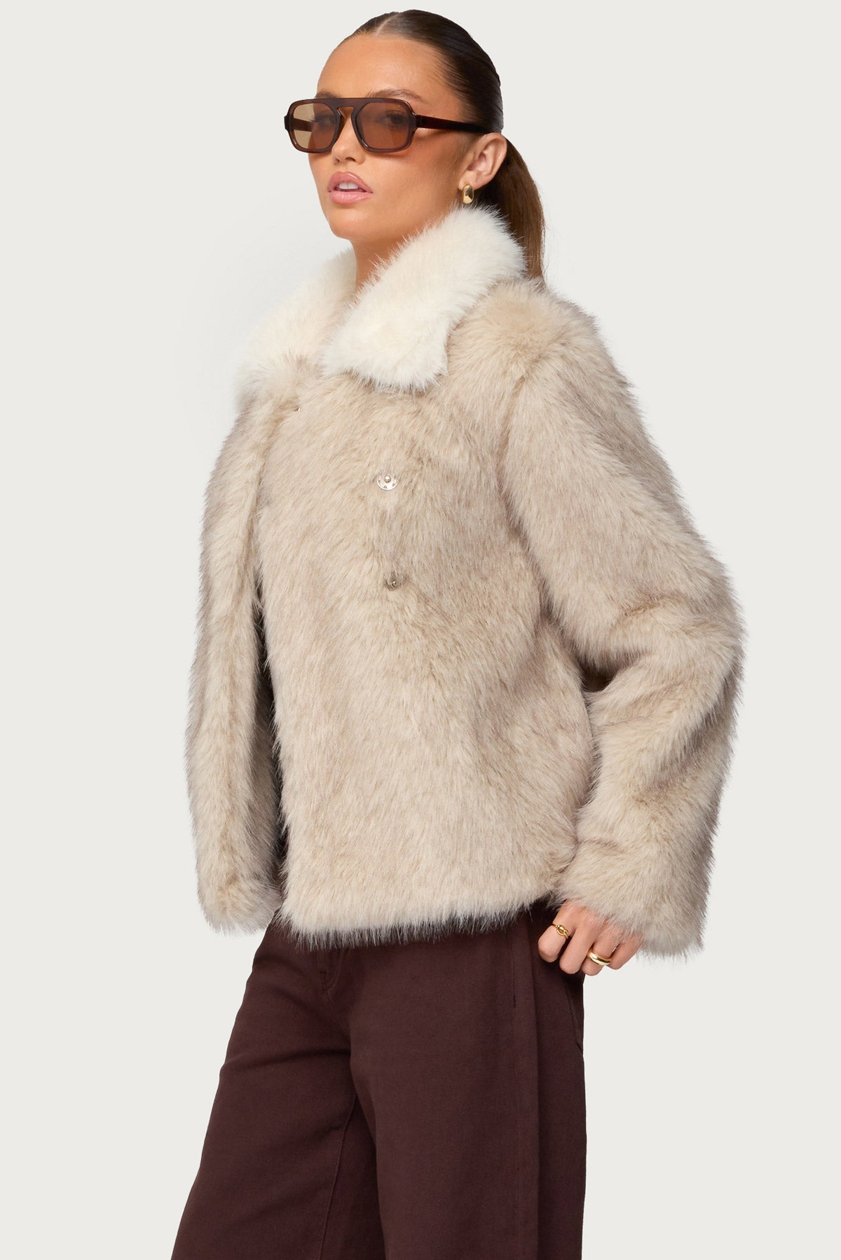 Contrast Collar Faux Fur Jacket-Milans Time