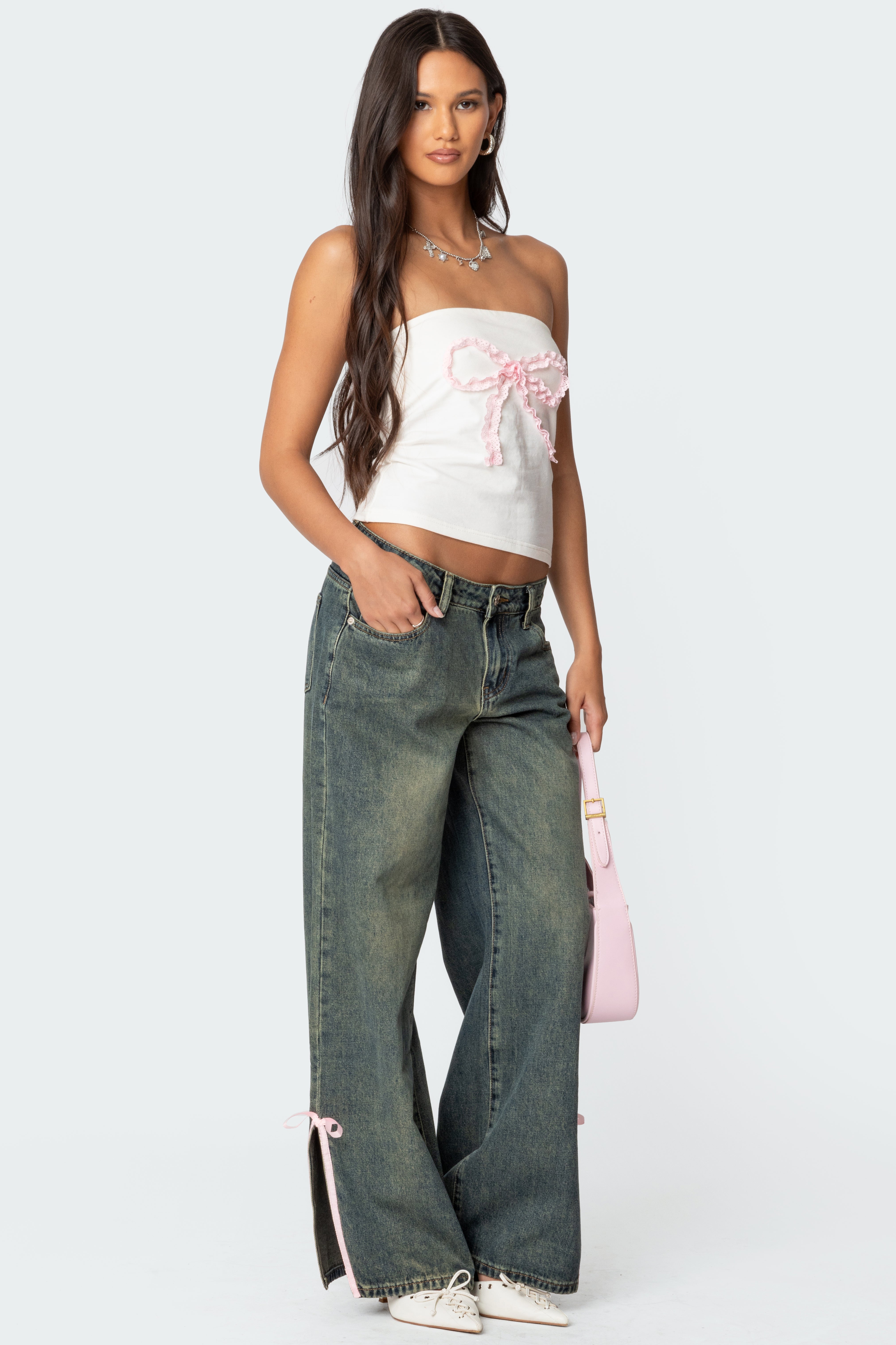 Bow Slitted Vintage Washed Low Rise Baggy Jeans-Milans Time