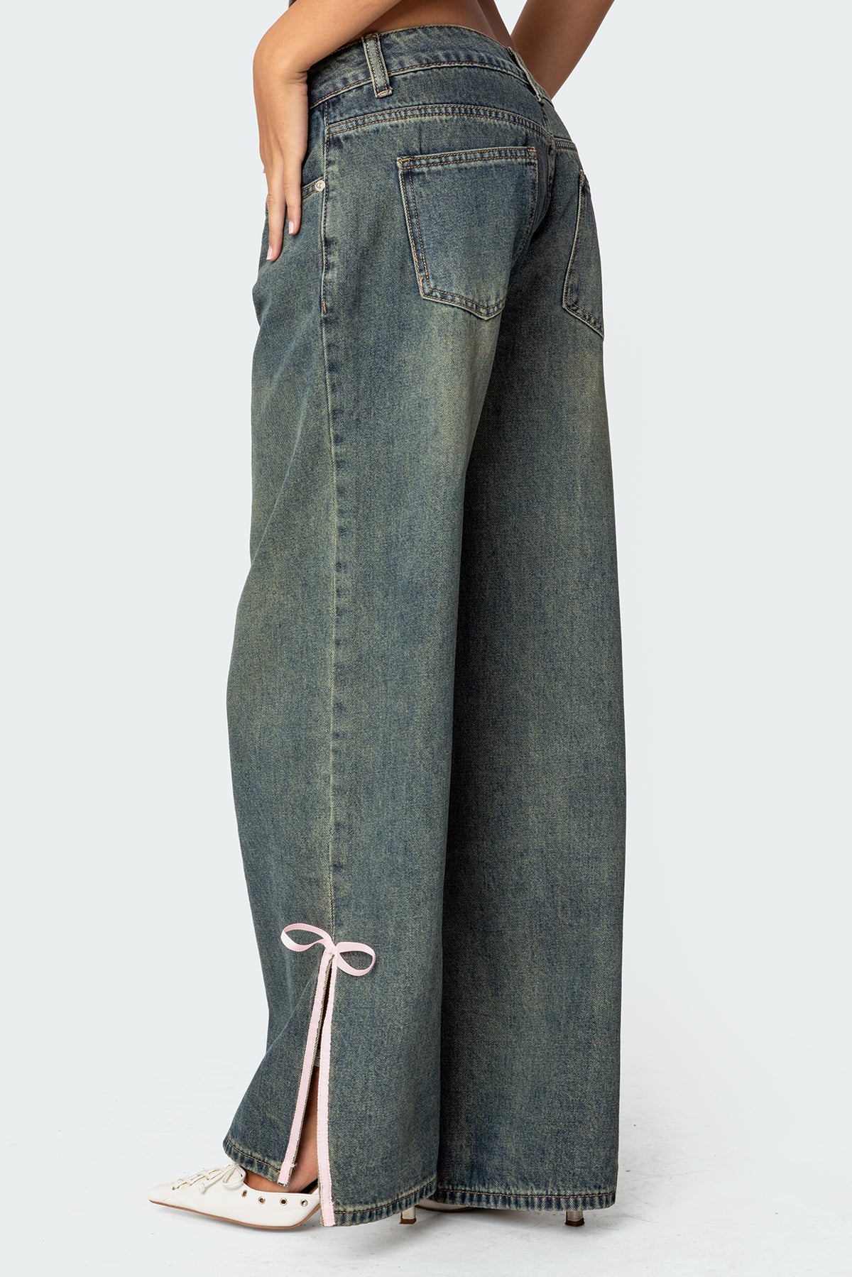 Bow Slitted Vintage Washed Low Rise Baggy Jeans-Milans Time