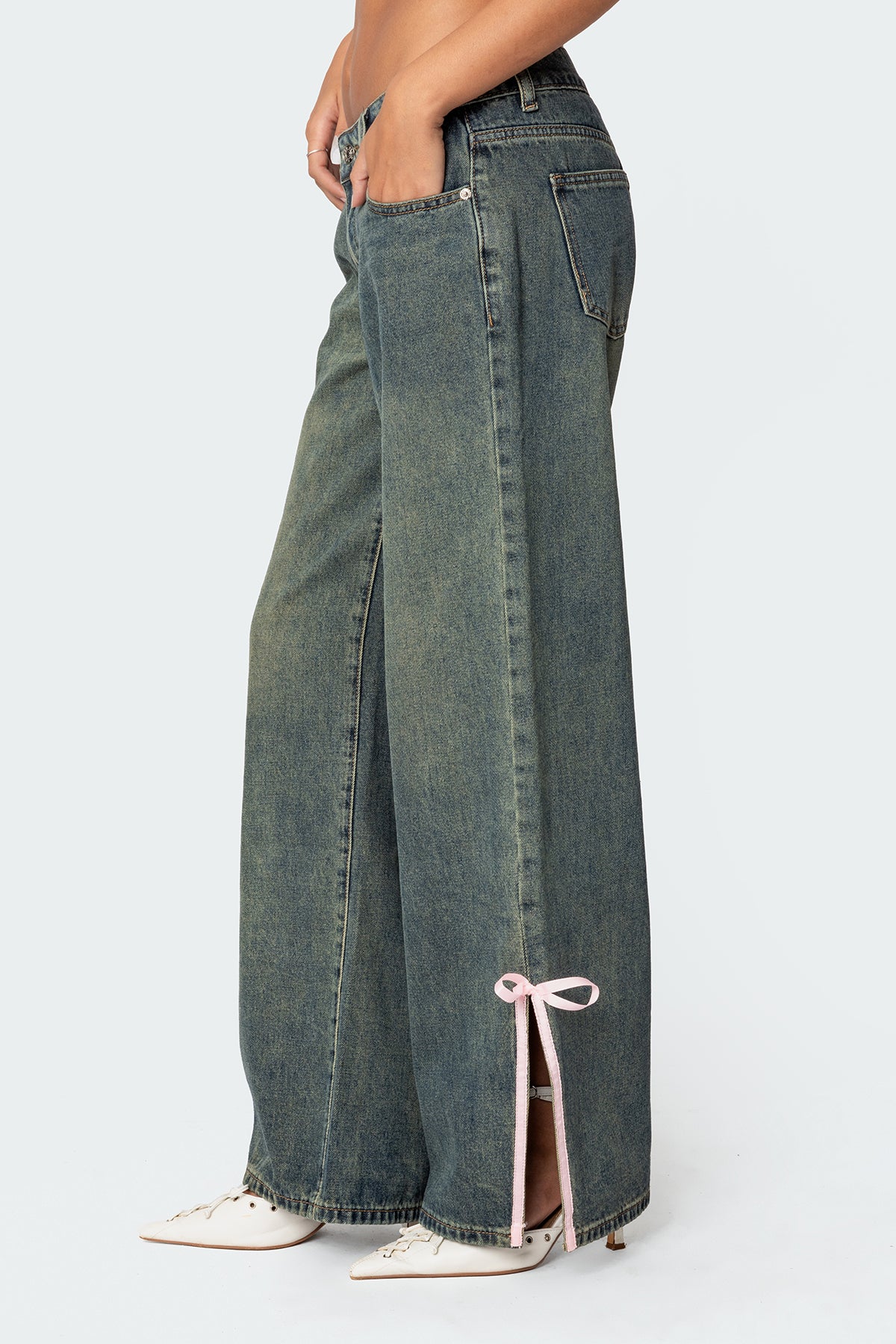 Bow Slitted Vintage Washed Low Rise Baggy Jeans-Milans Time