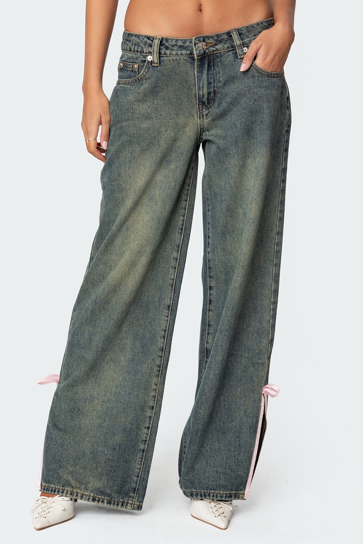 Bow Slitted Vintage Washed Low Rise Baggy Jeans-Milans Time