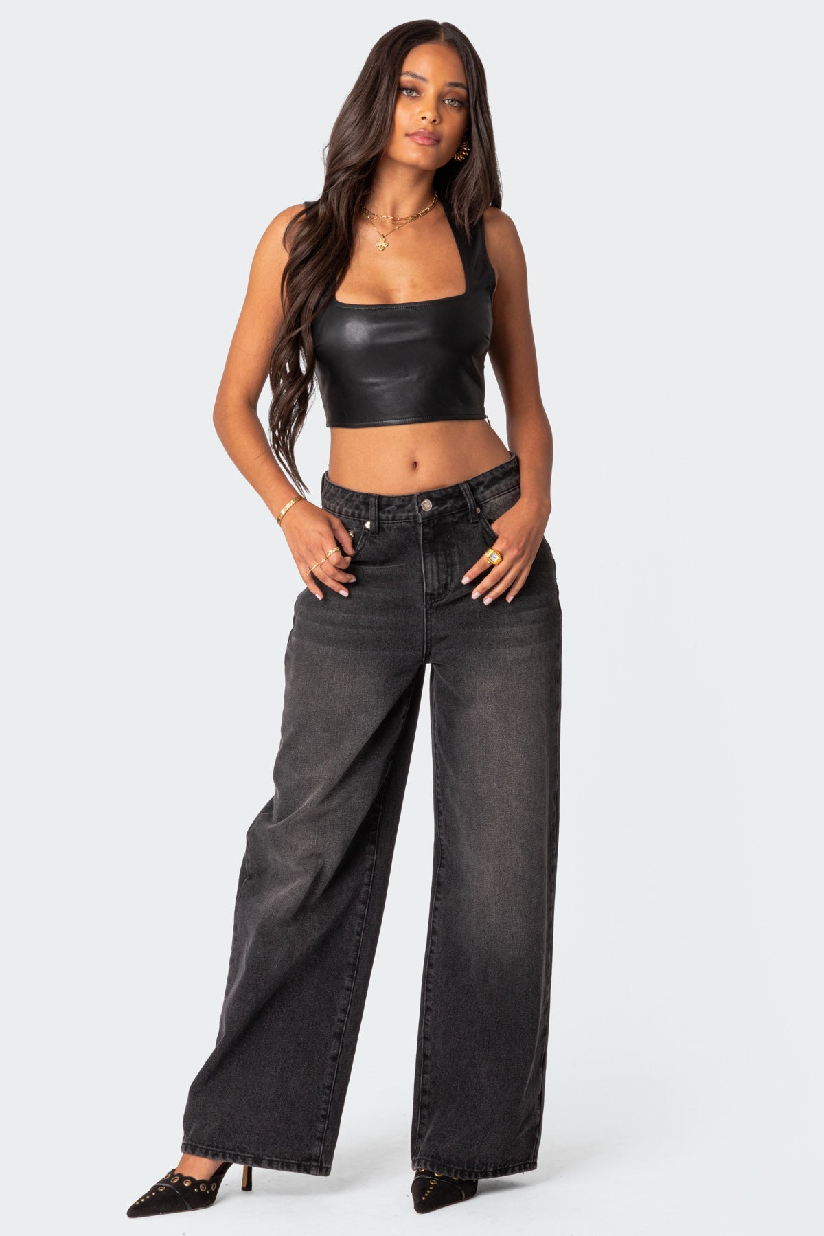 Crescent Faux Leather Crop Top-Milans Time