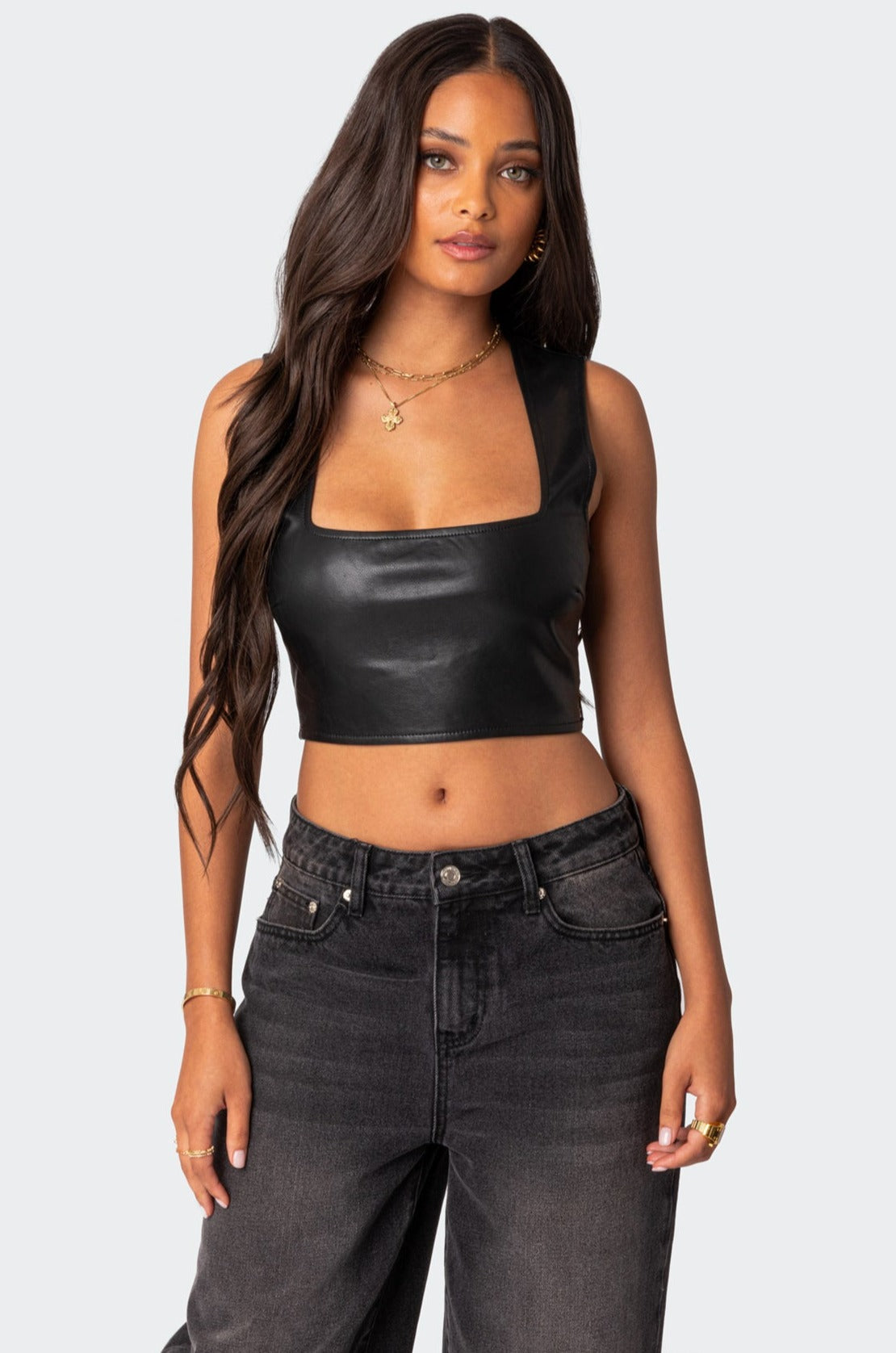 Crescent Faux Leather Crop Top-Milans Time