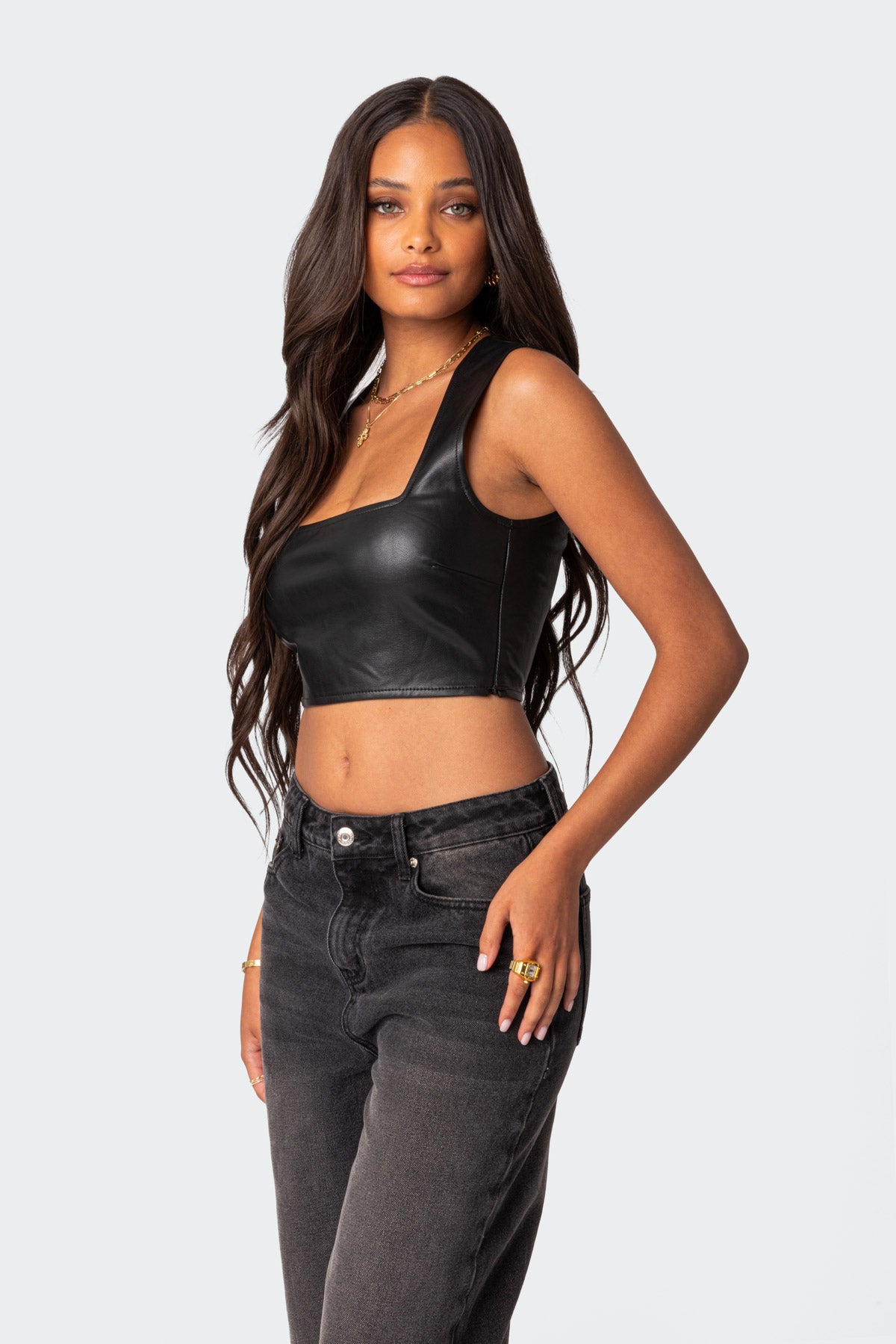 Crescent Faux Leather Crop Top-Milans Time