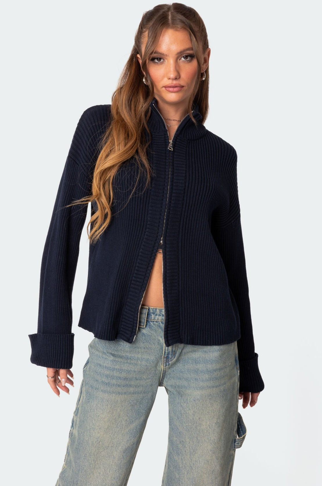 Oversized Zip Up Turtle Neck Cardigan-Milans Time