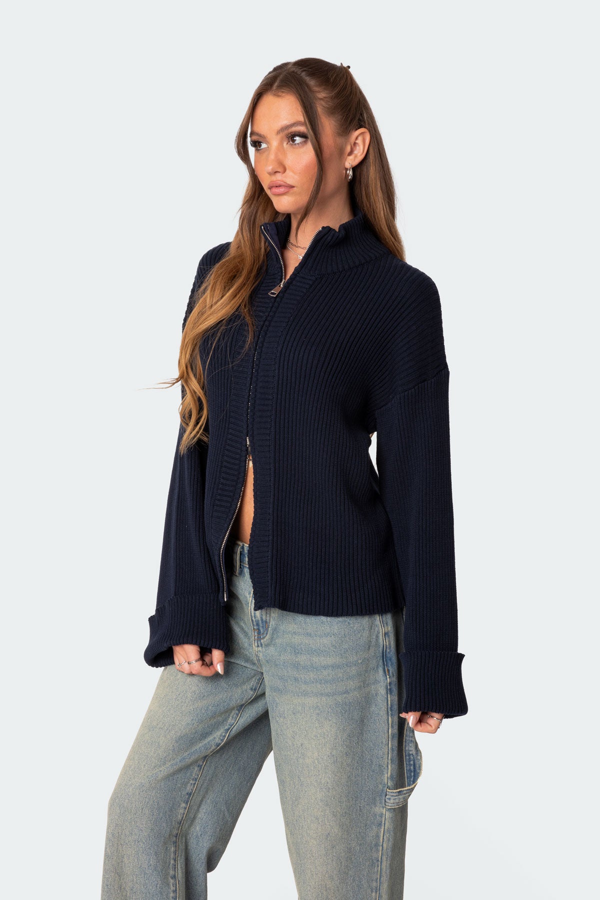 Oversized Zip Up Turtle Neck Cardigan-Milans Time