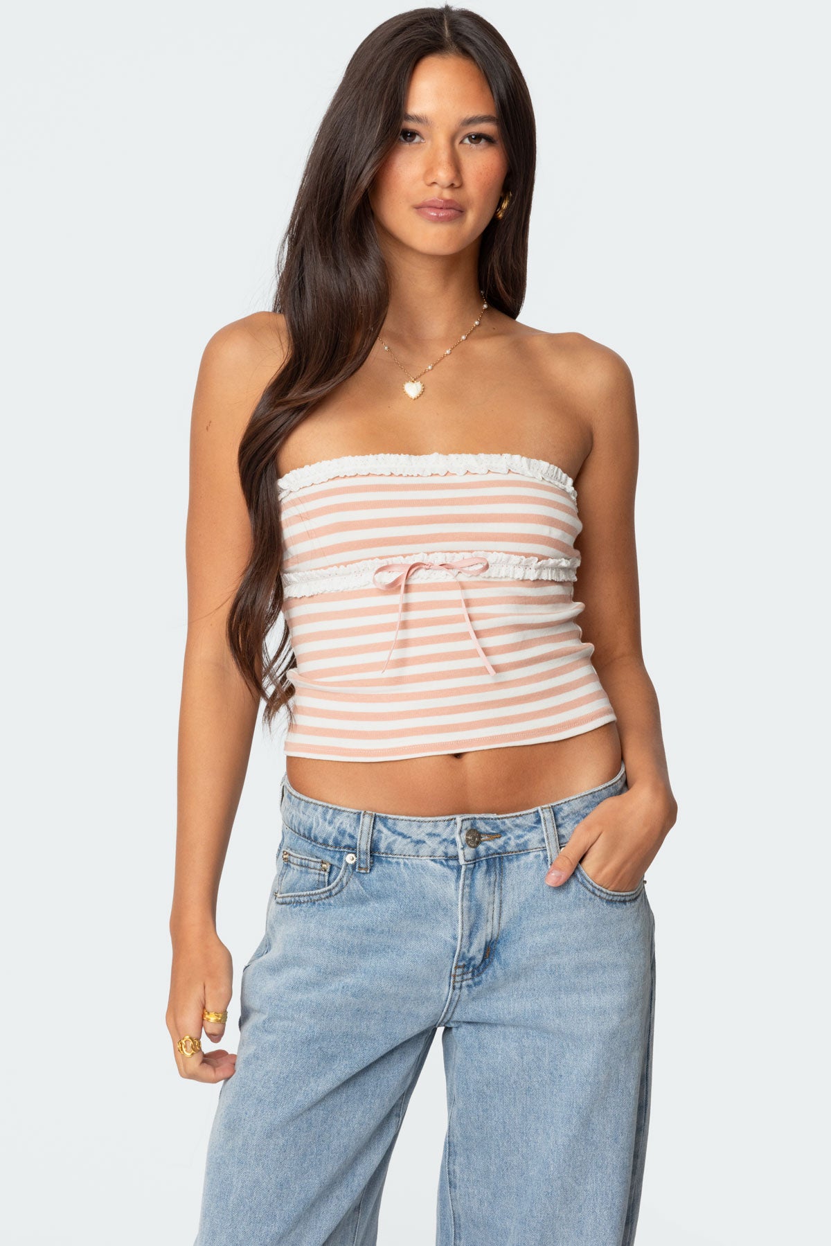 Striped Eyelet Trim Tube Top-Milans Time