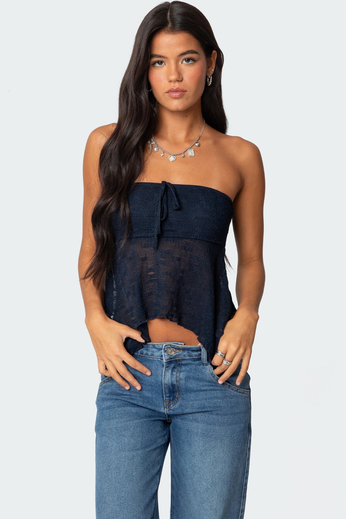 Embroidered Sheer Strapless Top-Milans Time
