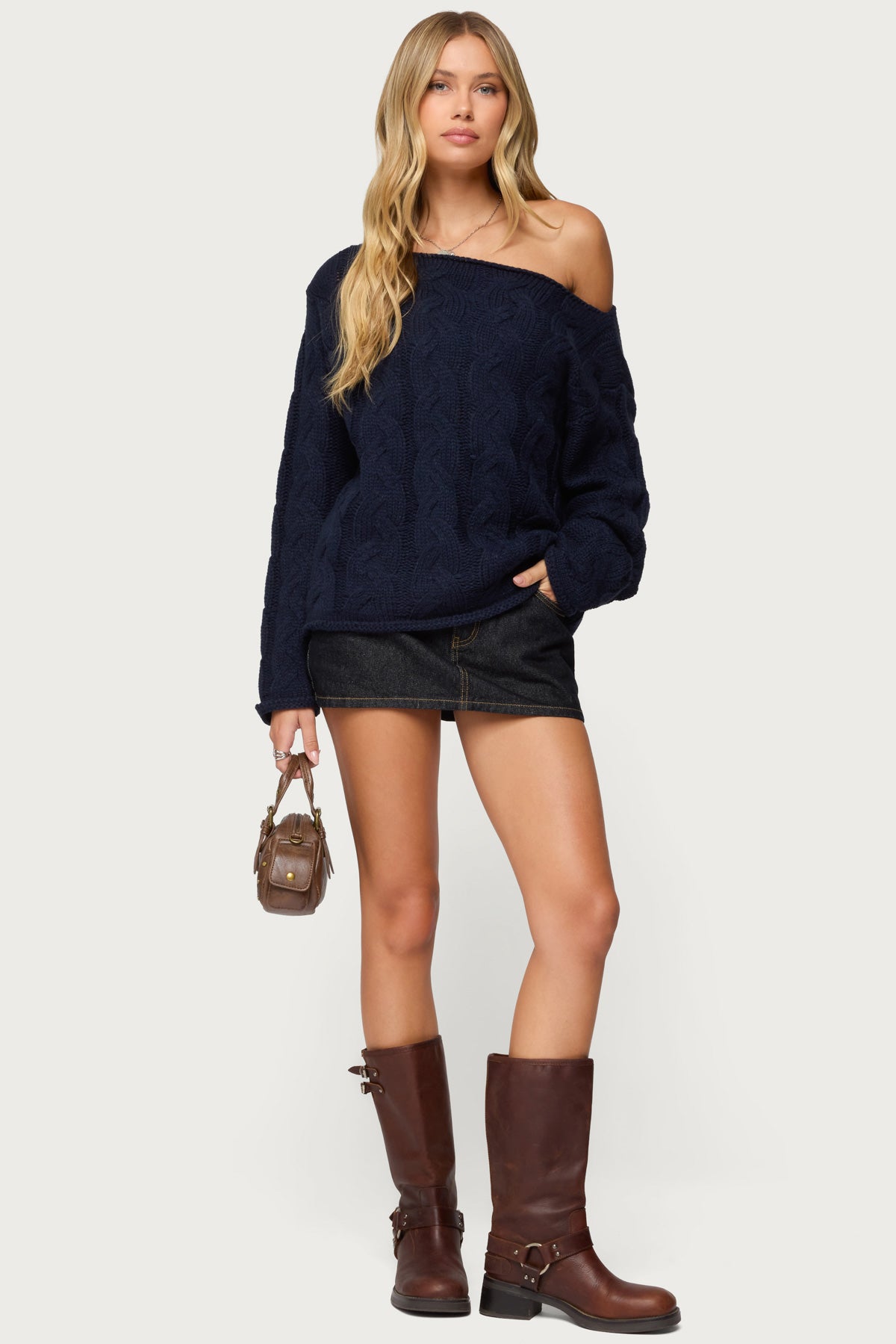 Nellie Off Shoulder Cable Knit Sweater-Milans Time