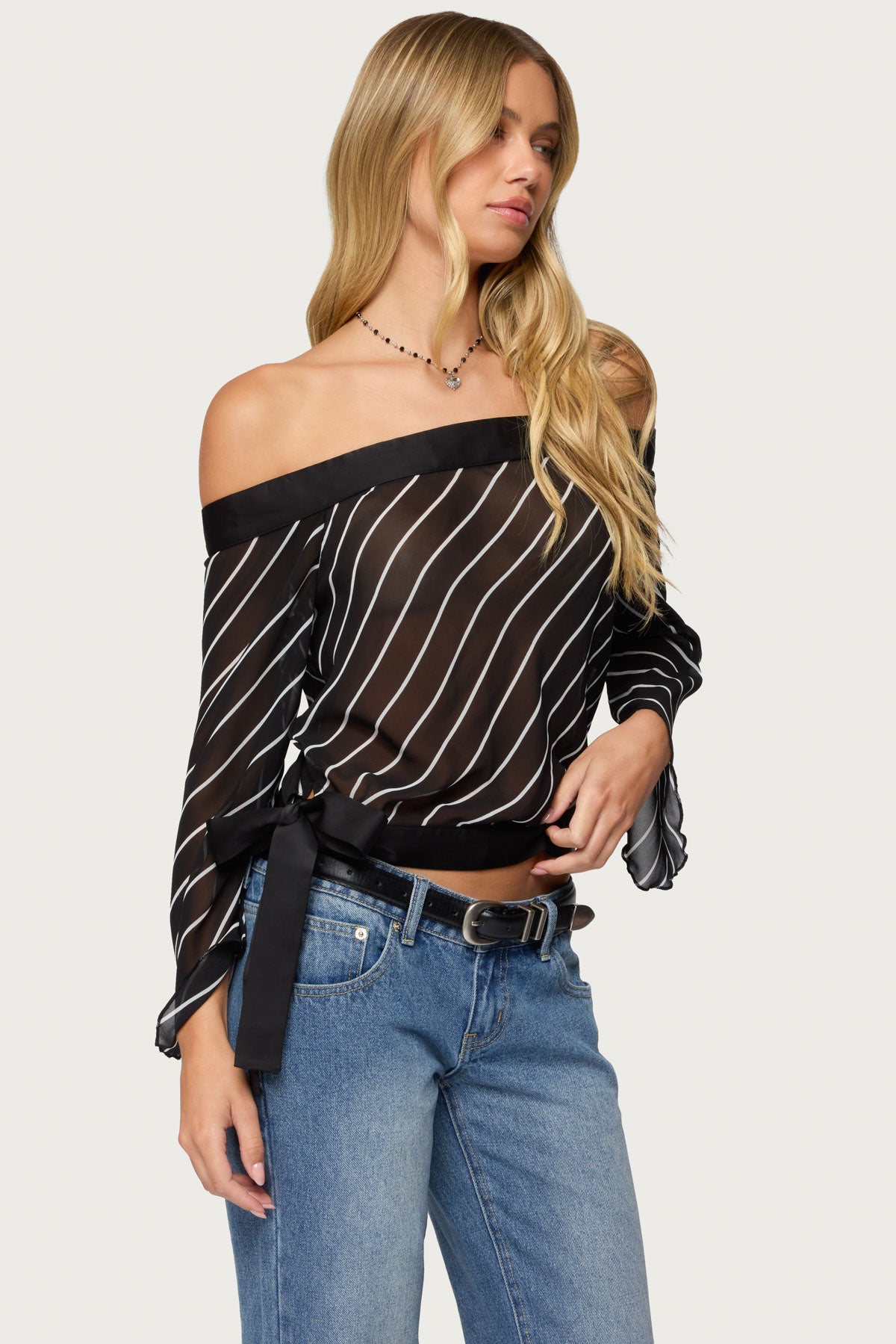 Diagonal Striped Off Shoulder Chiffon Top-Milans Time