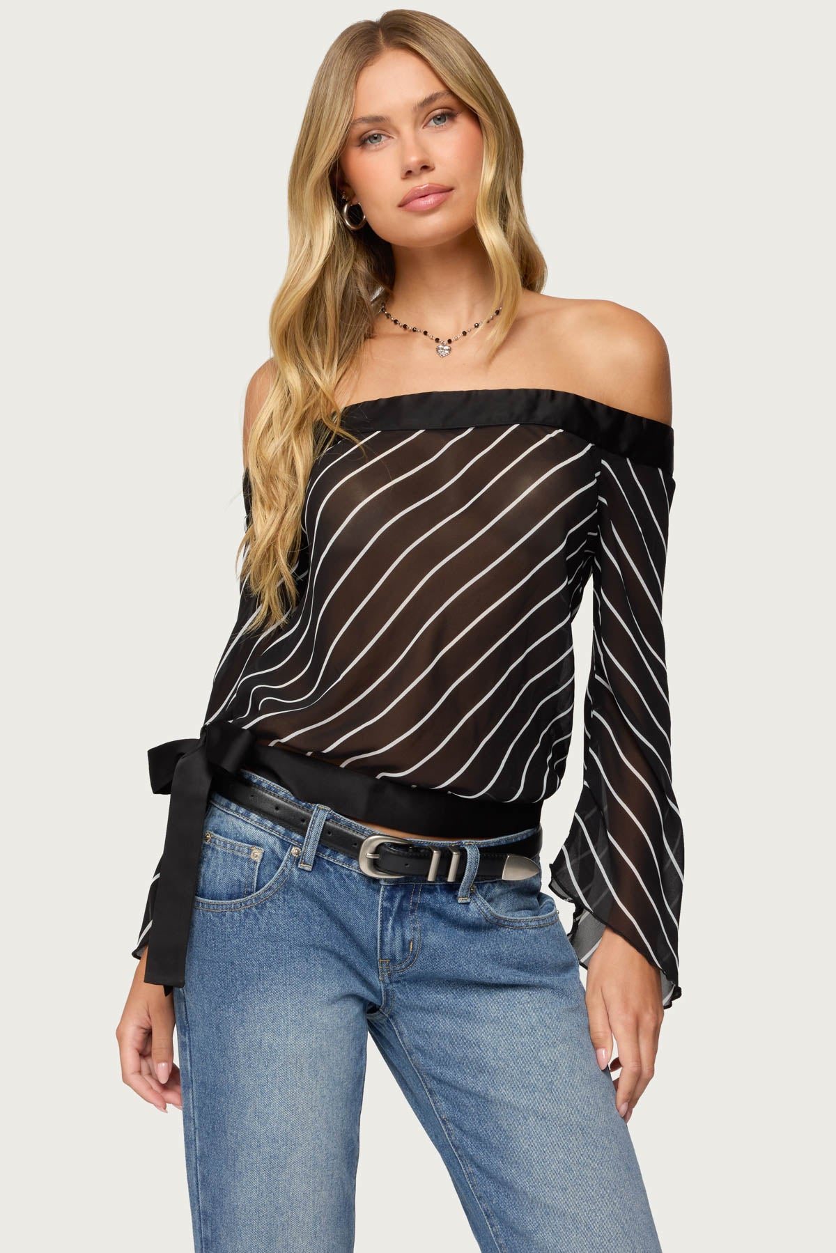 Diagonal Striped Off Shoulder Chiffon Top-Milans Time