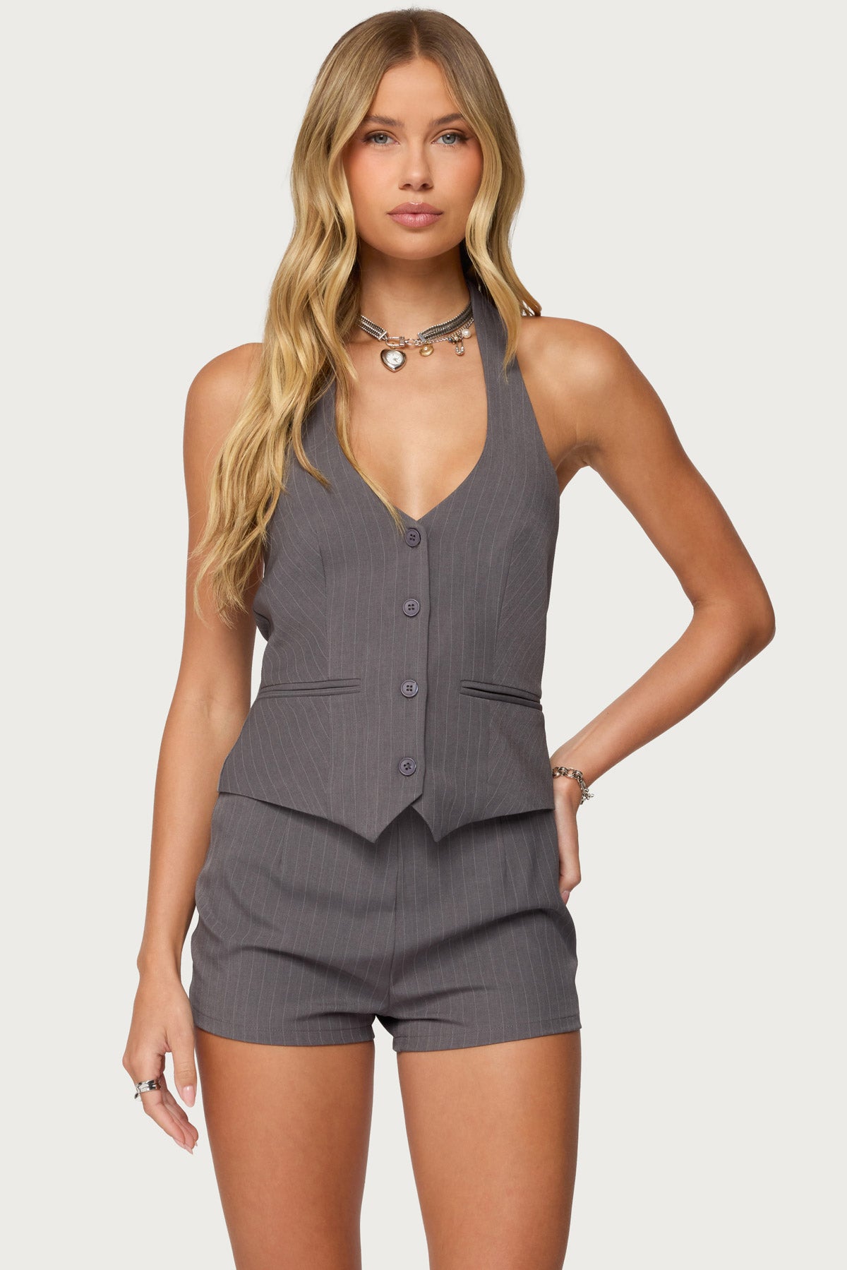 Riya Pinstripe Button Up Halter Top-Milans Time