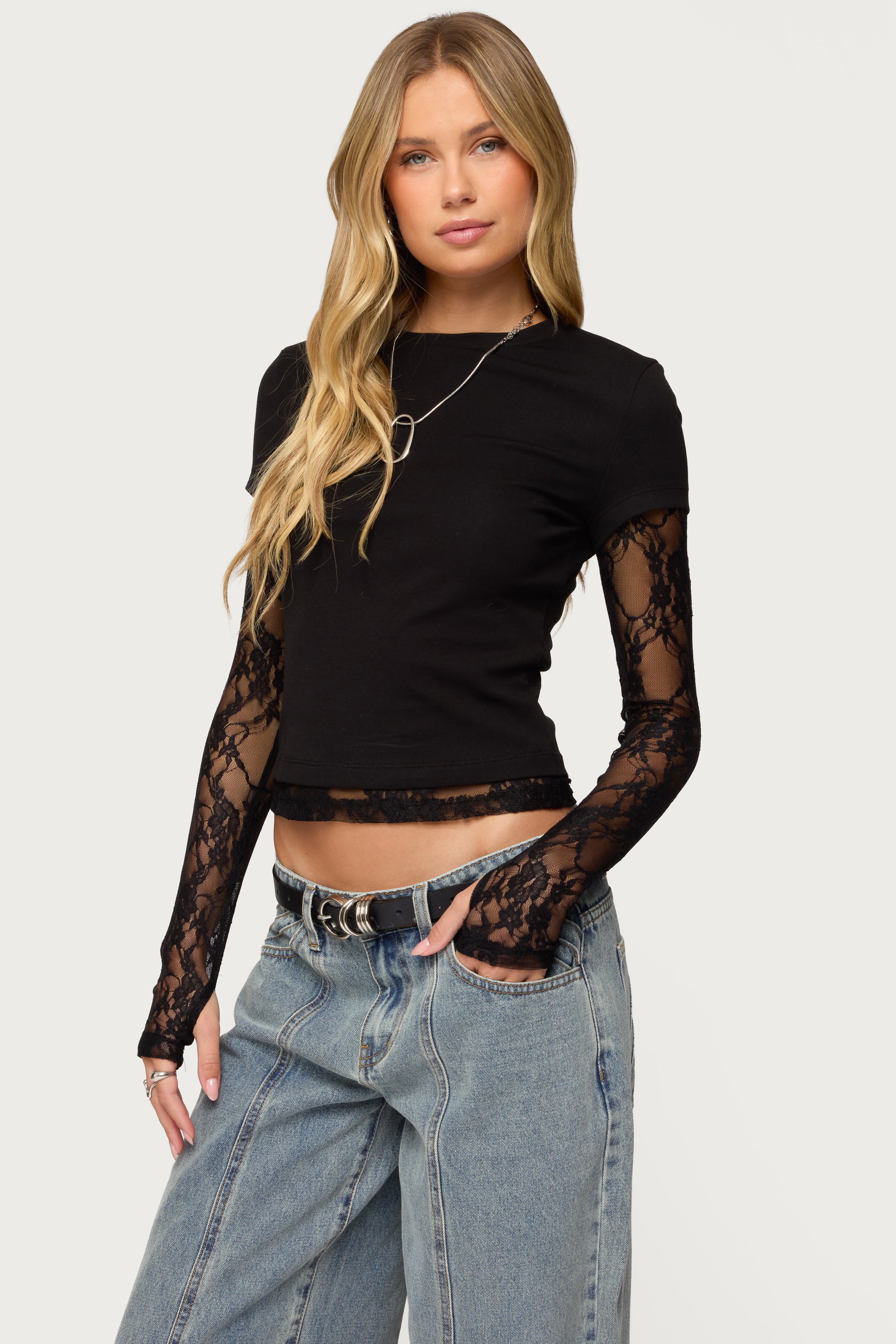 Layered Lace Sleeve Top-Milans Time