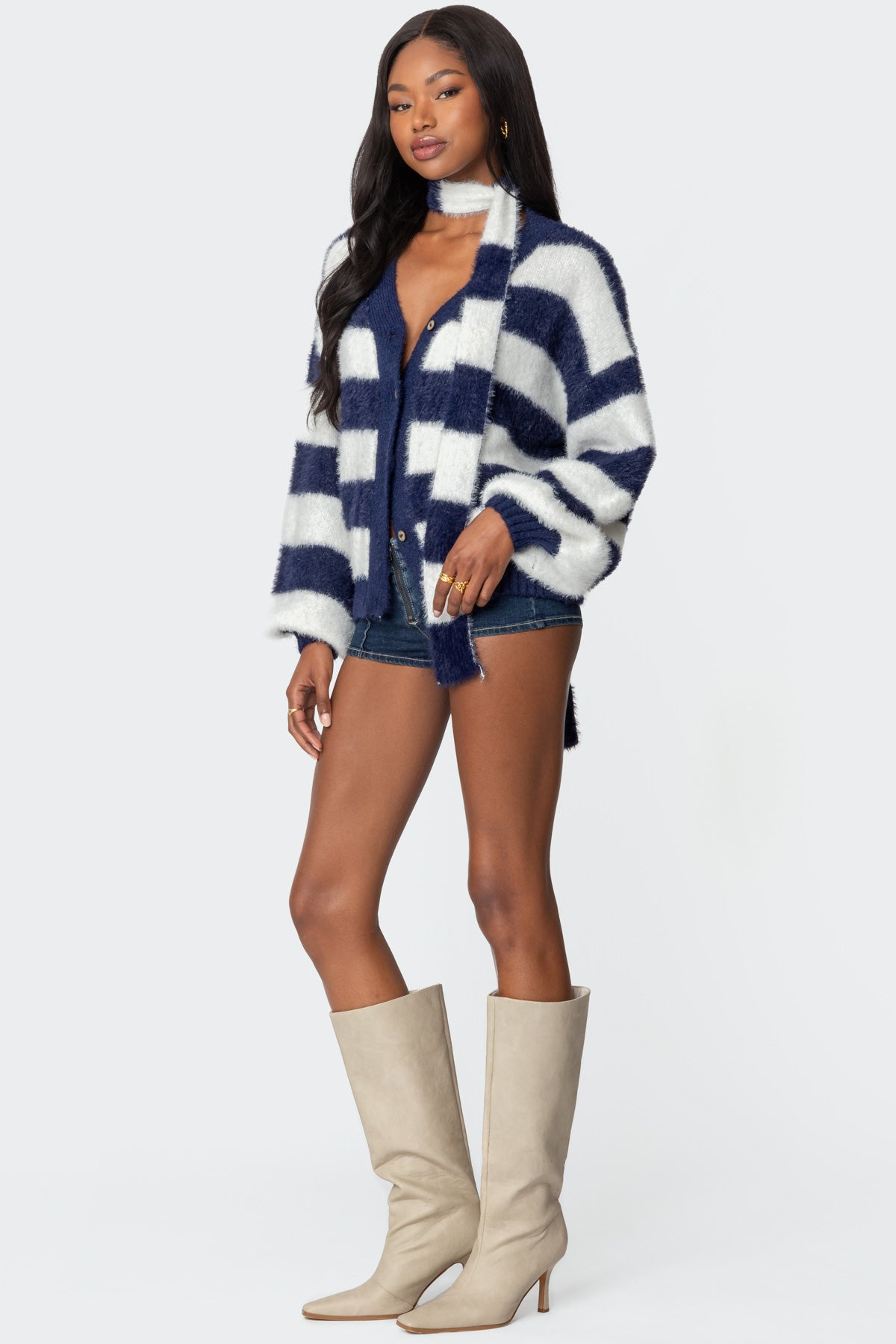 Striped Two Piece Knit Scarf Cardigan-Milans Time