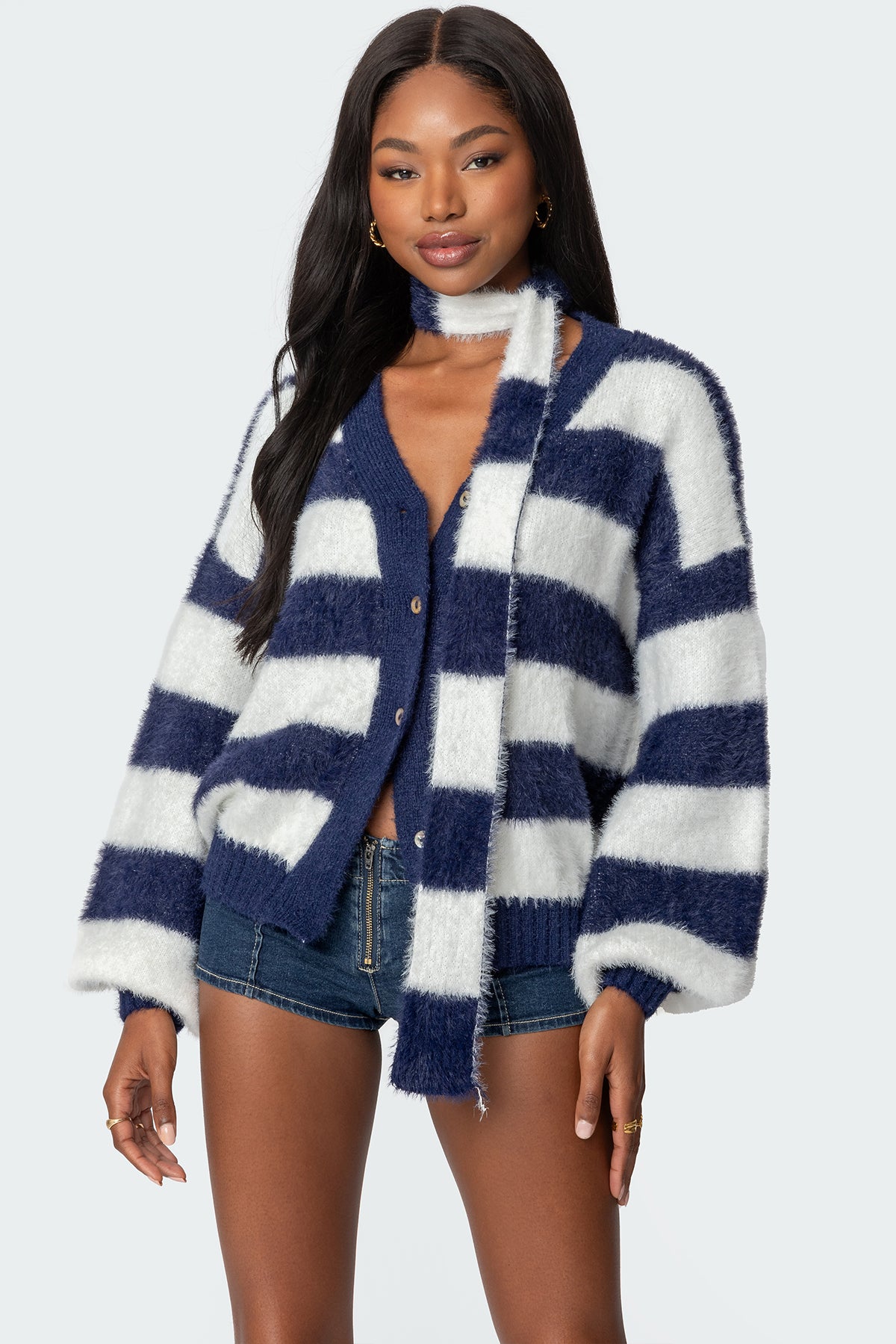Striped Two Piece Knit Scarf Cardigan-Milans Time